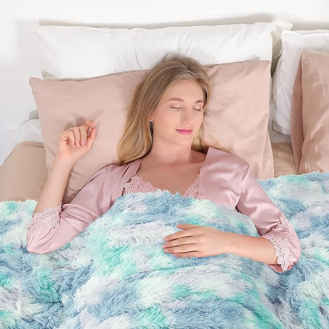 Tuddrom Decorative Extra Soft Faux Fur Blanket Queen Size 80"x90",Solid Reversible Fuzzy Fluffy Plush Fleece Comfy Microfiber Fur Blanket for Couch Sofa Bed,Tie Dye Blue