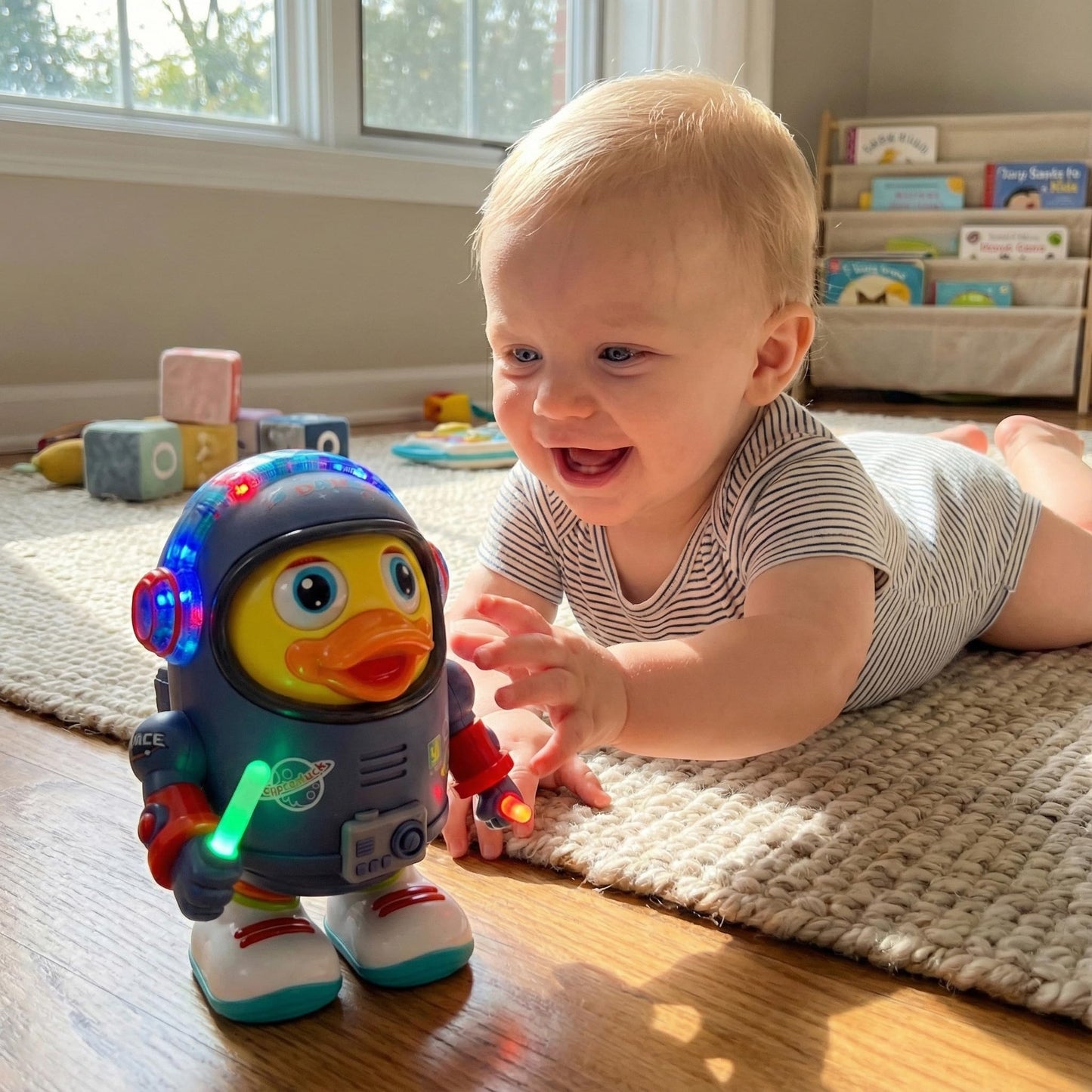 Musical Dancing Space Duck Toy, Walking Duck Robot with Lights & Sounds, Crawling Interaction & Tummy Time Toy for Babies Toddlers Birthday Gift (Blue)