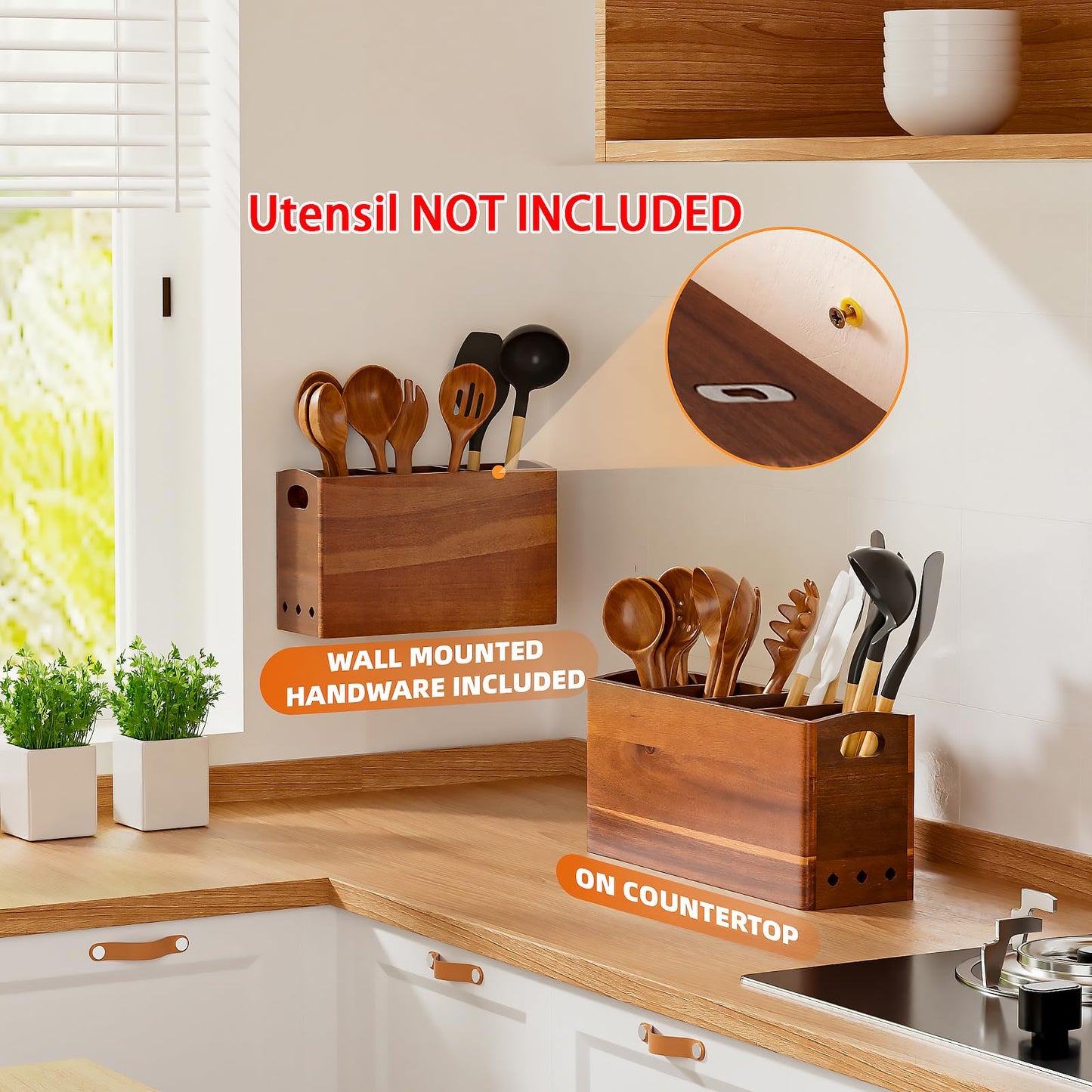 PrimZooty Natural Acacia Wood Utensil Holder for Kitchen Counter (Large), 3 Compartment with Removable Dividers 11.7"x7.1"x4.5", Large Cooking Utensil Organizer - Anti-Scratch Bottom