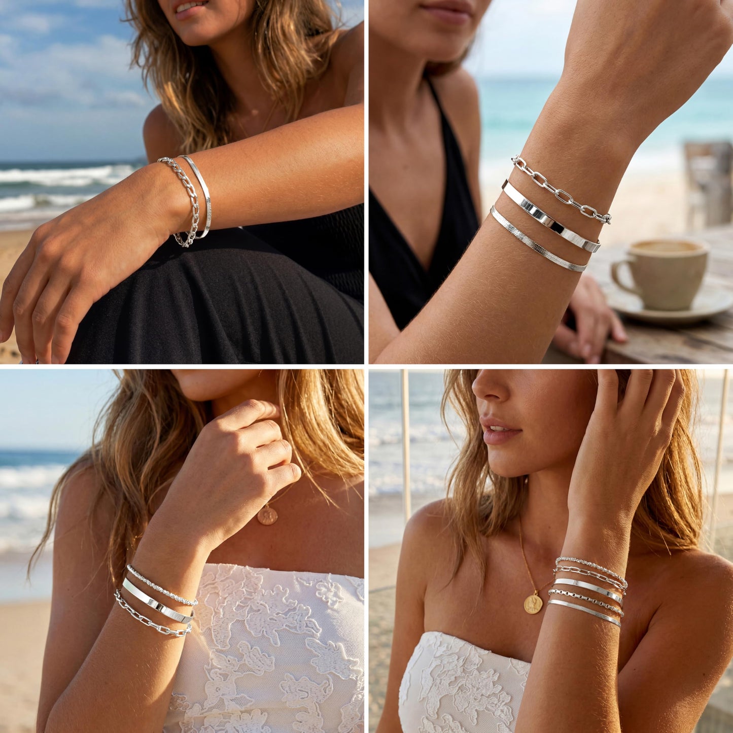 Silver Bracelets Stack for Women Waterproof, Stackable Bracelet Set with Silver Bangle Cuff, Box Link, Paperclip, Herringbone, Sparkling Chain, Adjustable Non Tarnish Jewelry Gifts for Women