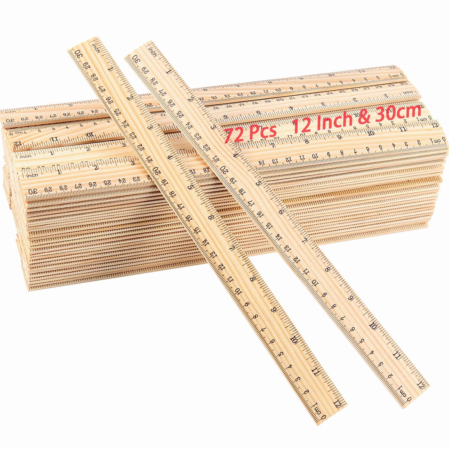 KINJOEK 72 Packs 30cm 12 Inch Wooden Rulers, 2 Scale Imperial Metric Double Sided Pine Wood School Measuring Ruler Bulk for Home Classroom Student Office Use Drafting Supplies