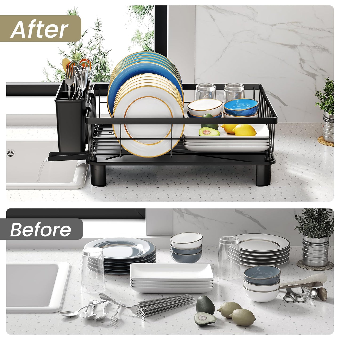 SNTD Dish Drying Rack - Space-Saving Dish Rack for Kitchen Counter, Stainless Steel Dish Drainer with Utensil Holder and Drainboard, 11" W x 15" L (Black)