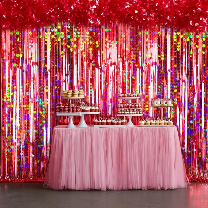 4 Packs Red Foil Fringe Curtain, Red Glitter Metallic Tinsel Backdrop for Birthday, Wedding, Baby Shower, Halloween, Christmas, Carnival, Casino Party Decorations Supplies