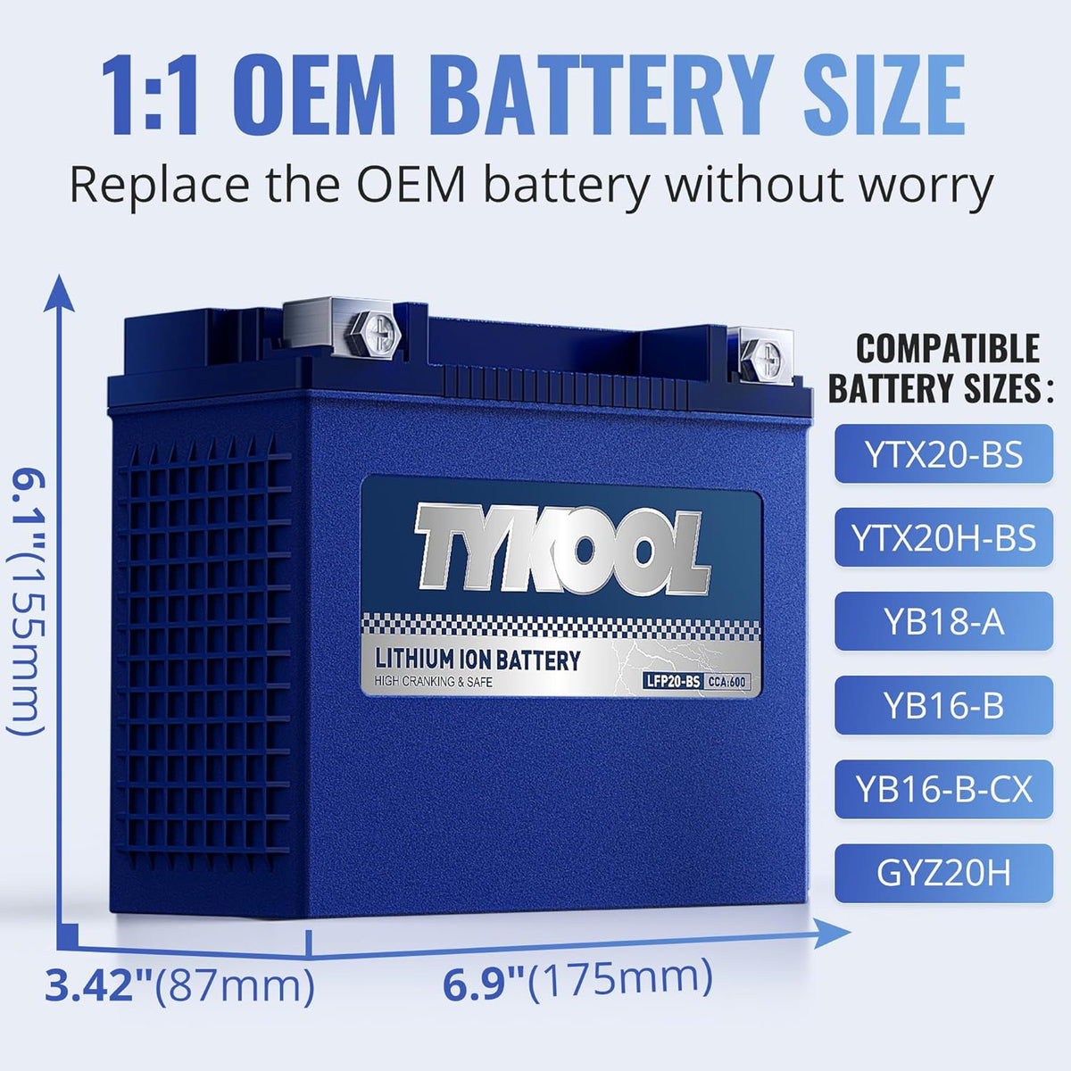 YTX20-BS/YTX20H-BS/GYZ20H Lithium LiFePO4 Motorcycle Battery, 600CCA,12Ah,Built in BMS, Powersports Battery,for ATV,UTV,Jet Ski,PWC,Snow mobile and Generator