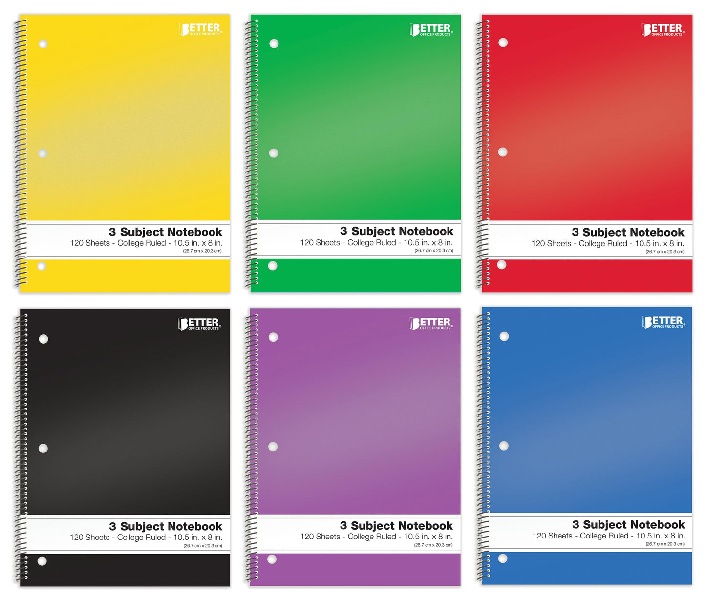 Better Office Products Spiral Notebooks 3-Subject, 6 Pack, College Rule, 120 Sheet Notebook with Sturdy Pocket Dividers, 10.5 x 8 inches, 6 Assorted Primary Colors, 6 Pack