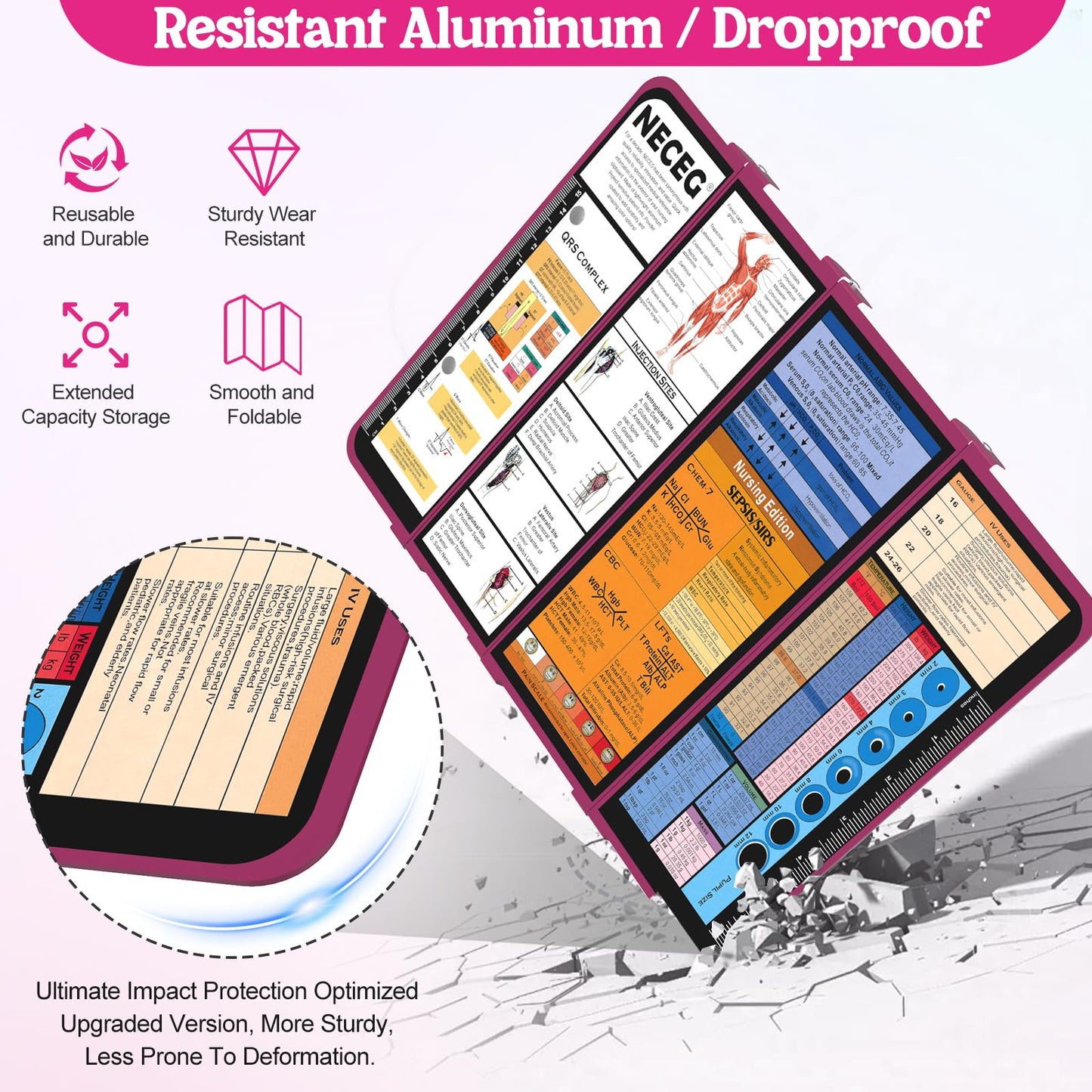 Nursing Clipboard Foldable-4 Layers Aluminum Nurse Foldable Clipboard Nursing Medical Edition Cheat Sheets, Pocket Size Pen Clip for Nurses Students School and Doctors- Wine