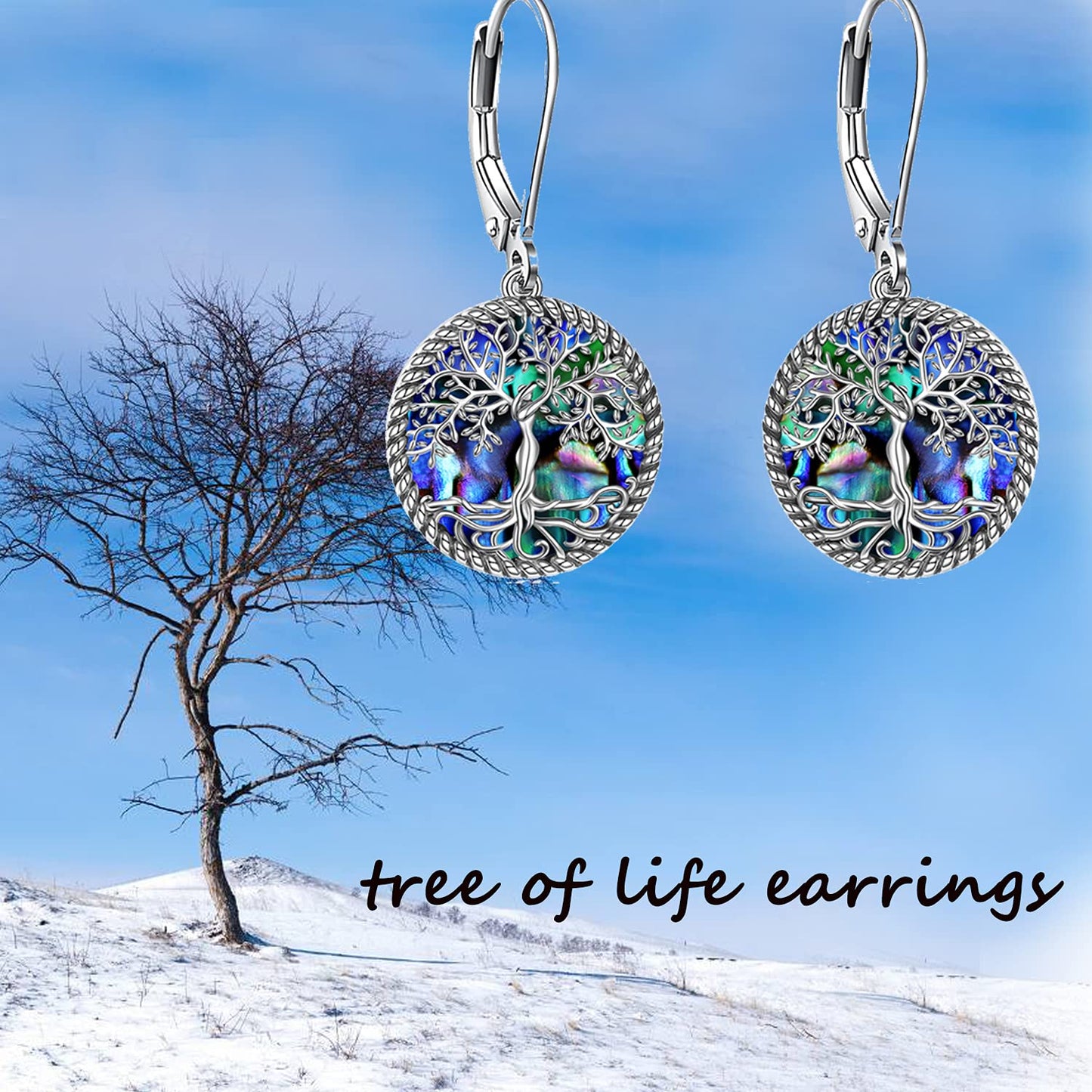 ONEFINITY Tree of Life Earrings Sterling Silver Leverback Tree of Life Abalone Shell Dangle Drop Earrings for Women Jewelry Gifts
