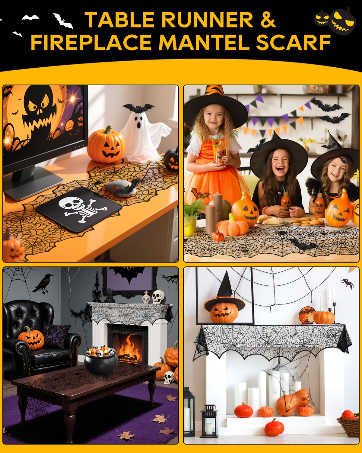 eZAKKA 5 Pack Halloween Decorations Indoor Halloween Spider Web Tablecloth Table Runners Fireplace Mantel Scarf Cobweb Lampshade Scary 3D Bats for Parties Gothic Spooky Home Decoration