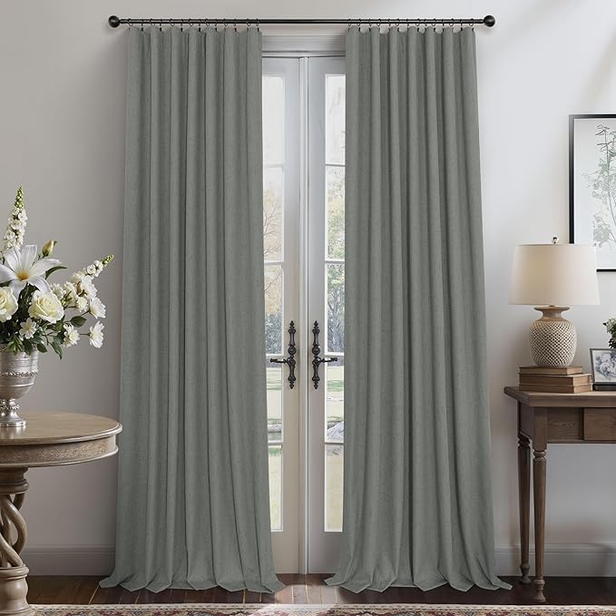 Dark Grey Curtains 108 Inches Long 2 Panels Set for High Ceiling Window Linen Textured Blackout Drapes for Living Room Bedroom Modern Farmhouse Black Out Curtains 9 FT Foot Length Slate Charcoal Gray