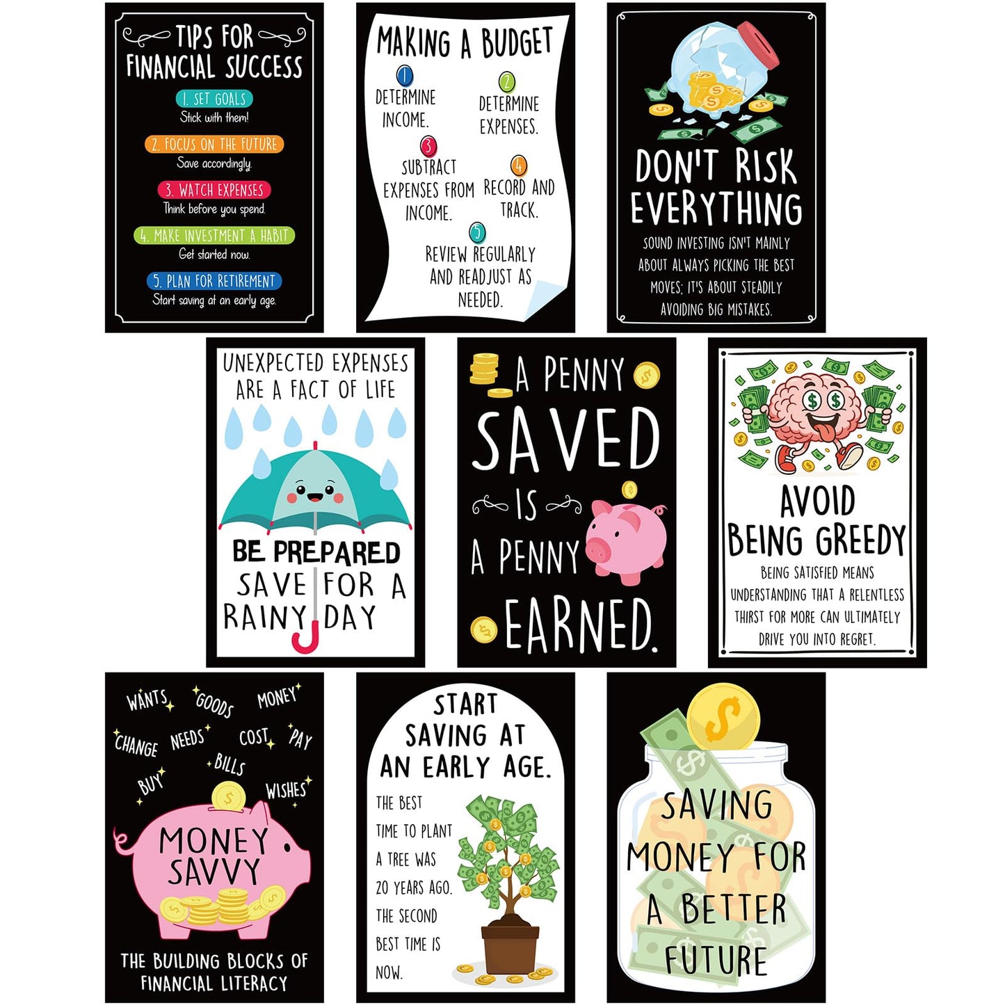 ForraFun 9 Pcs Funny Financial Literacy Poster Set Financial Fundamentals Essentials Pack Educational Poster for Hallways Bulletin Boards Home Study Room Business Studies Class Decoration