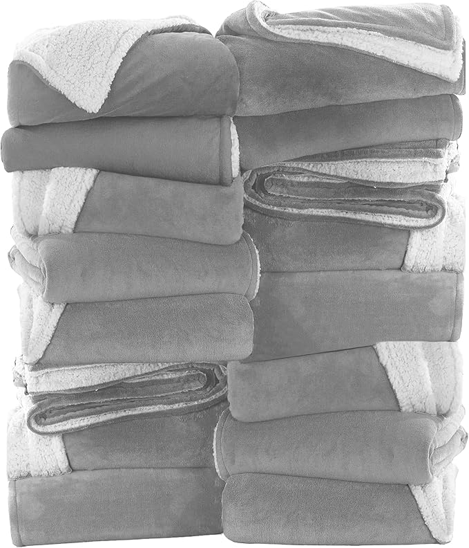 IR Imperial Rooms Silver Sherpa Fleece Throw Blanket for Bed - Wholesale Bulk Pack of 16 Sherpa Blankets - Soft Fluffy Throw Blankets for Hotels, Guest Bedroom, 50x60 Inches