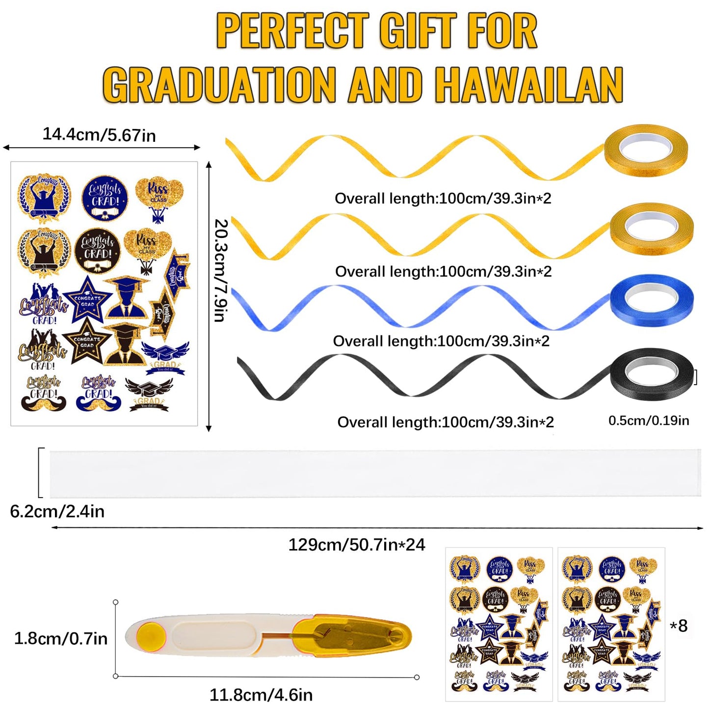 Roll Poly Tubing, Graduation Candy Lei Kit Class of 2025 DIY Hawaiian Candy Lei Making Kit Includes 24 Pcs Candy Lei Bags 4 Rolls Ribbons 144 Pcs Paper Cut for Party Gift