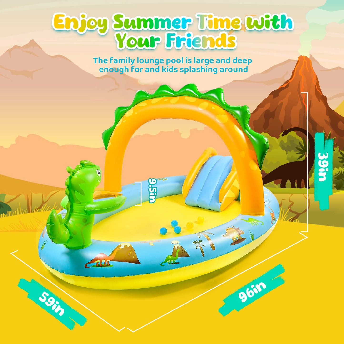 SULIFEEL Dinosaurs Inflatable Play Center Kiddie Pool with Slide and Sprinkler for Children, 96''x59''x39'' Baby Pool for Backyard and Garden