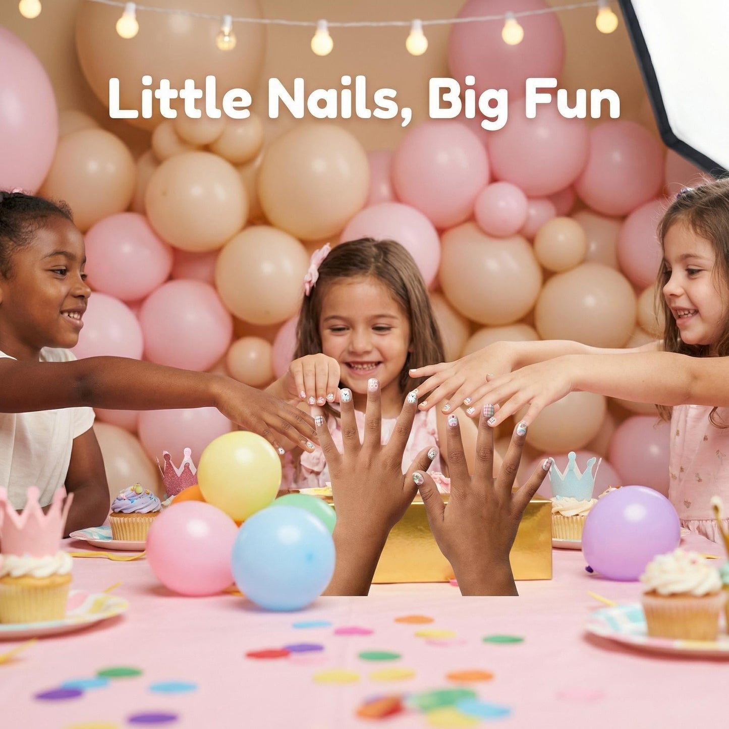 Kids Press On Nails, Happy Day Party Design, Cute Birthday Glittered Nails for Girls, Strawberry & Cake Style, Easy Apply, 24pcs