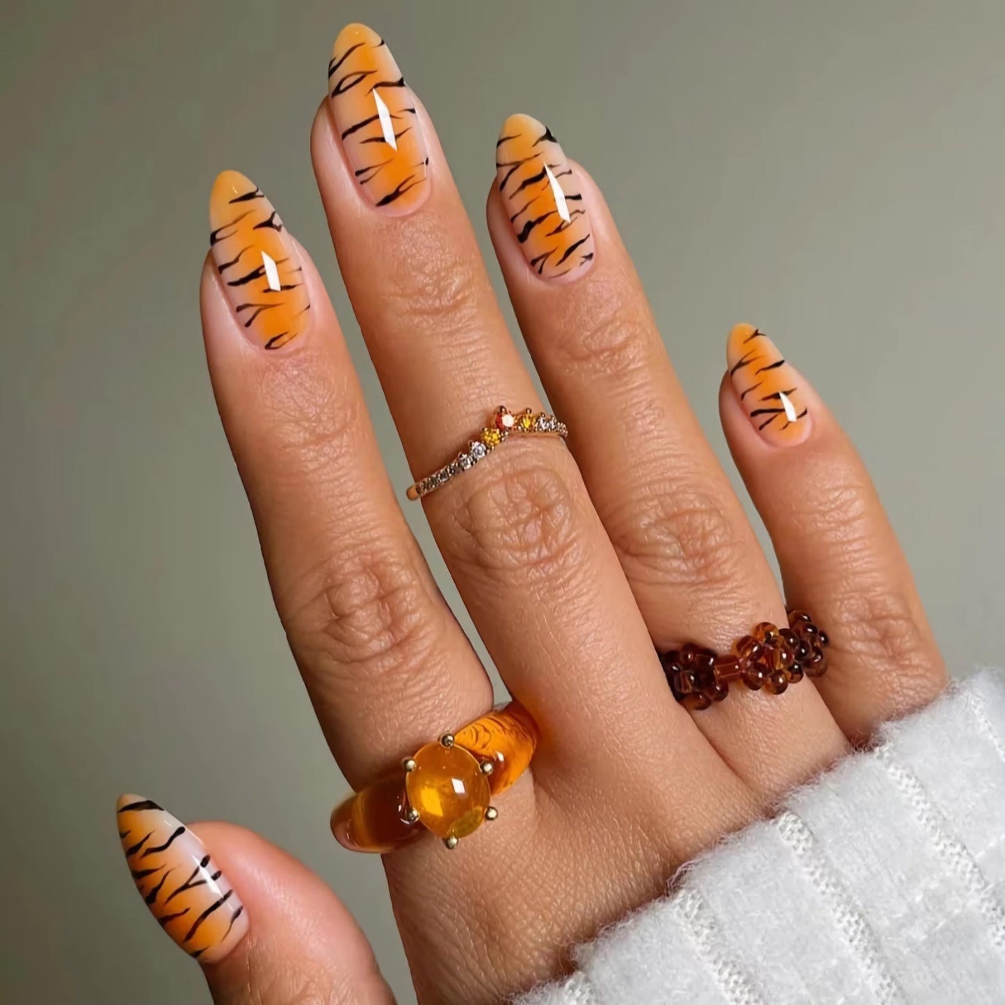 BABALAL Medium Almond Press on Nails - Brown Orange Ombre Tiger Print Acrylic Nails, 24 Pieces Fall Y2K Trendy Glossy Full Cover Glue on Nails for Women and Girls