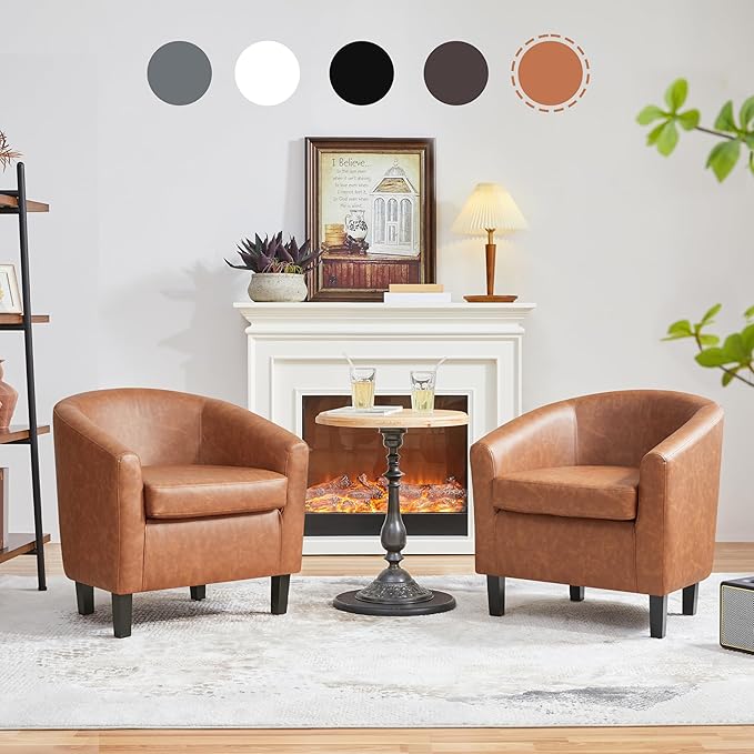 Yaheetech Brown Accent Chairs Set of 2, Faux Leather Barrel Chairs, Comfy Modern Leather Club Armchairs with Soft Seat for Living Room Bedroom Reading Waiting Room, Brown