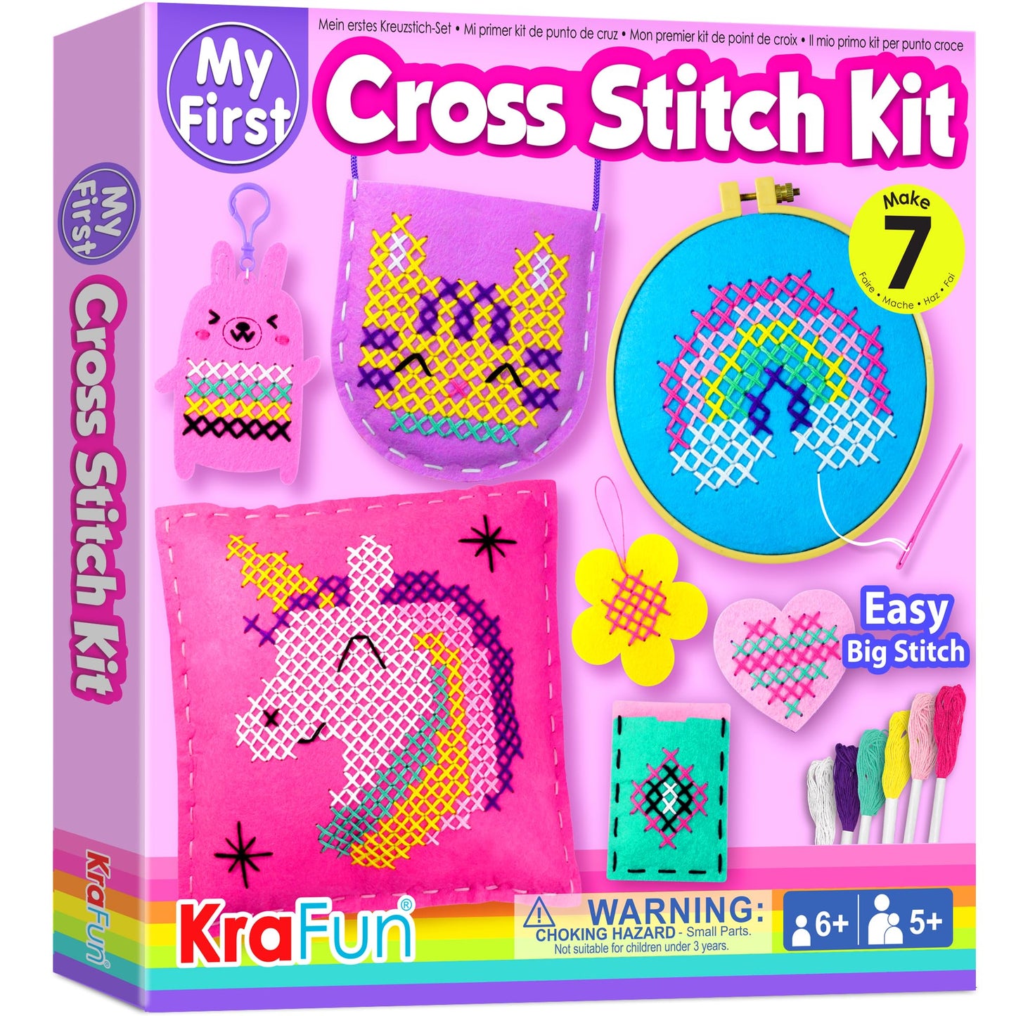 KRAFUN My First Cross Stitch Kit for Kids Age 5+, 6 Beginner Embroidery Projects, Arts & Crafts Gift for Girls & Boys, DIY Felt Keyring Bag Pillow Coaster Card Holder Wall Art