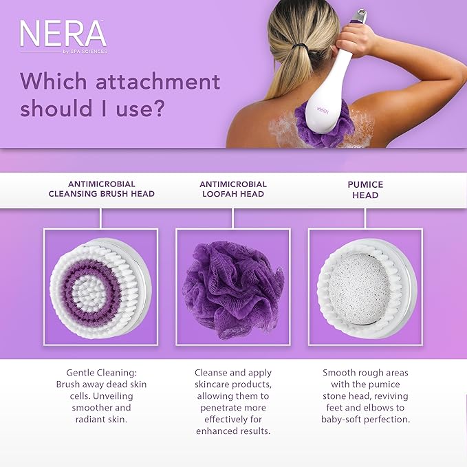 Spa Sciences - NERA - Power Shower Brush - 3-in-1 Multifunction Back & Body Brush - Exfoliation, Cleansing, Massaging - for All Skin Types - Includes Body Brush, Loofah, & Pumice Stone - USB Charging