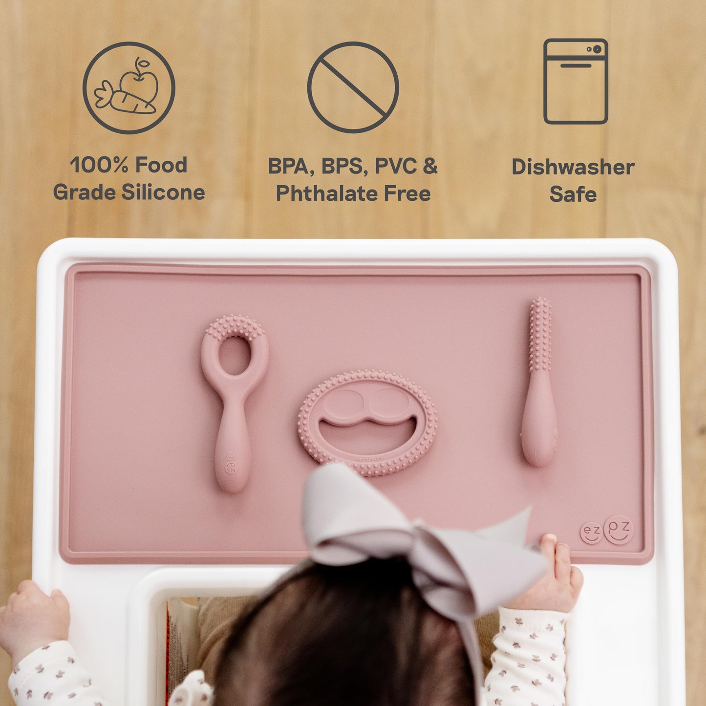 ezpz Oral Development Tools (3 Pack in Pewter) - 3 Months+ - Non-Slip Loop, Smile and Stick 100% Silicone Tools - Prepare for Chewing + Solids - Baby-Led Weaning Supplies