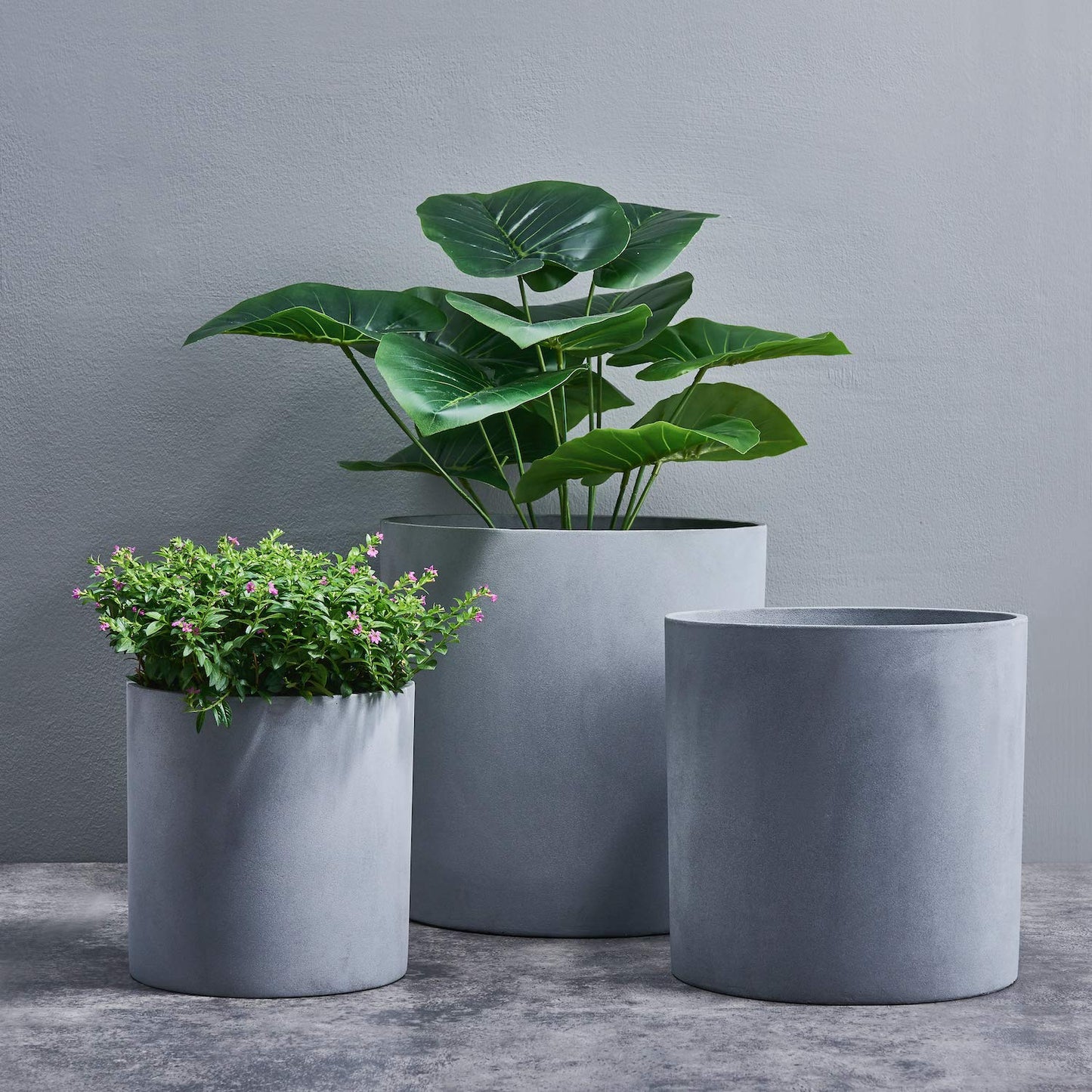 FaithLand 10 Inch Fiberstone Planter - Lightweight Modern Cylinder Plant Pot with Drainage Hole & Plug, Authentic Concrete Look, Gray