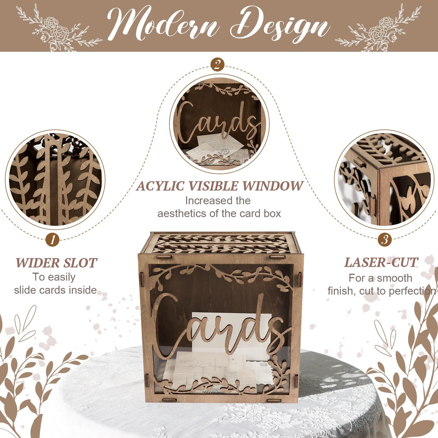 OurWarm Wedding Card Box with Window, Brown Wooden Box Wedding Decorations for Reception, Money Index Card Box for Weddings Bridal Shower Rustic Weddings Decor Party Decorations