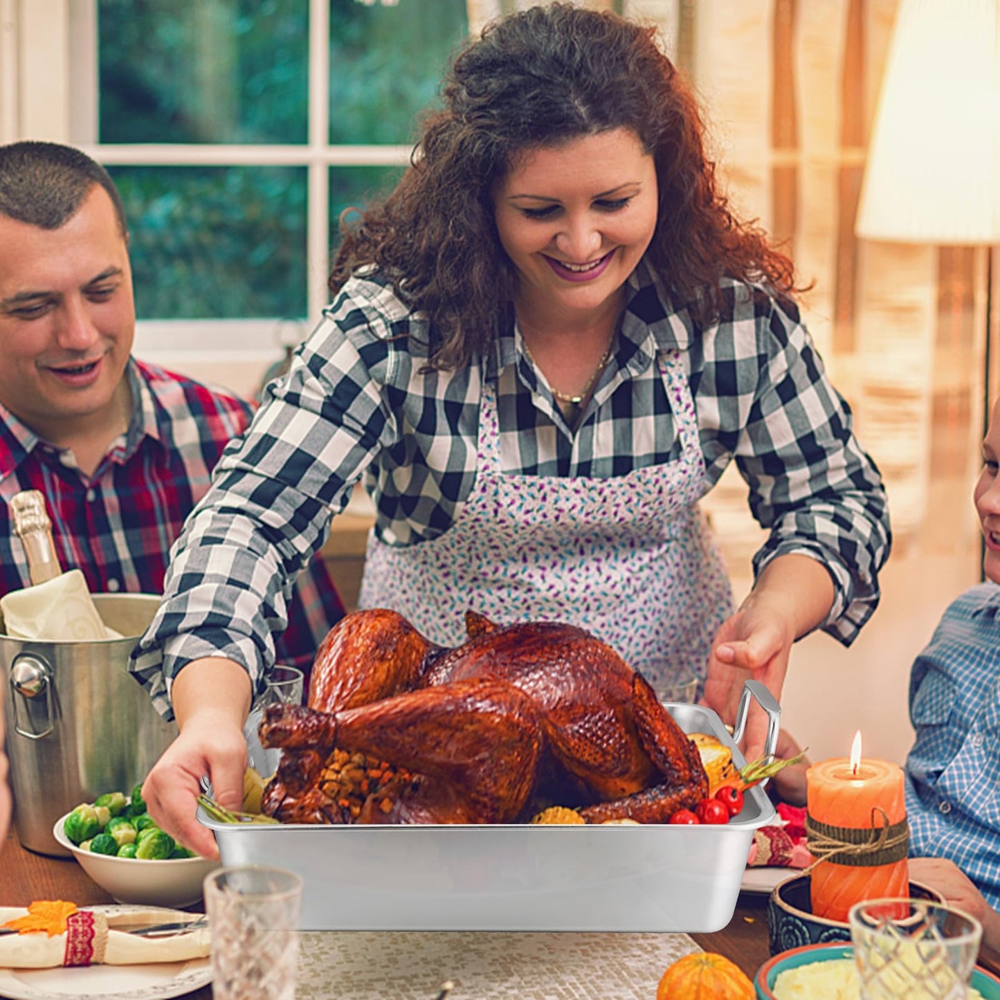 14 Inch Roasting Pan with Rack, Leonyo Large Turkey Roasting Pan, Stainless Steel Roaster Pan with Wire Rack Non Stick Baking Pans for Cooking Ham, Chicken, Cake, Lasagna, Casserole