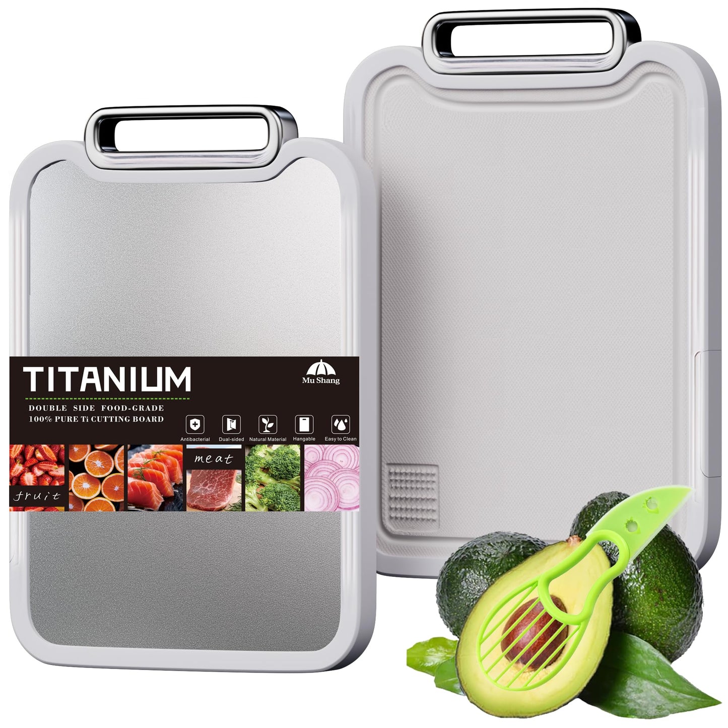 Titanium Cutting Board, 2-in-1 Double Sided Cutting Boards for Kitchen, Pure Titanium & Wheat Straw PP, Metal Chopping Board Easy to Clean for RV/Camping/Kitchen with Avocado Slicer 16"x11"