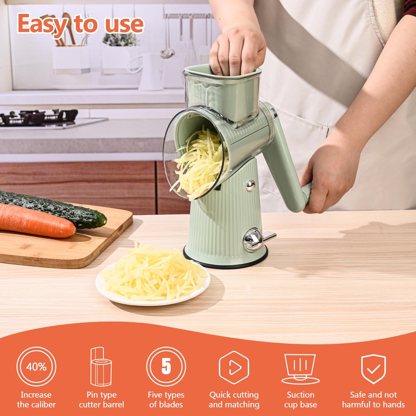Cheese Grater With Hand Crank Countertop For Kitchen，Grater Shredder With Handle For Kitchen Rotating，Vegetable Slicer，Nuts Grinder Cheese Shredder with Clean Brush(5 Blades Matcha Color)