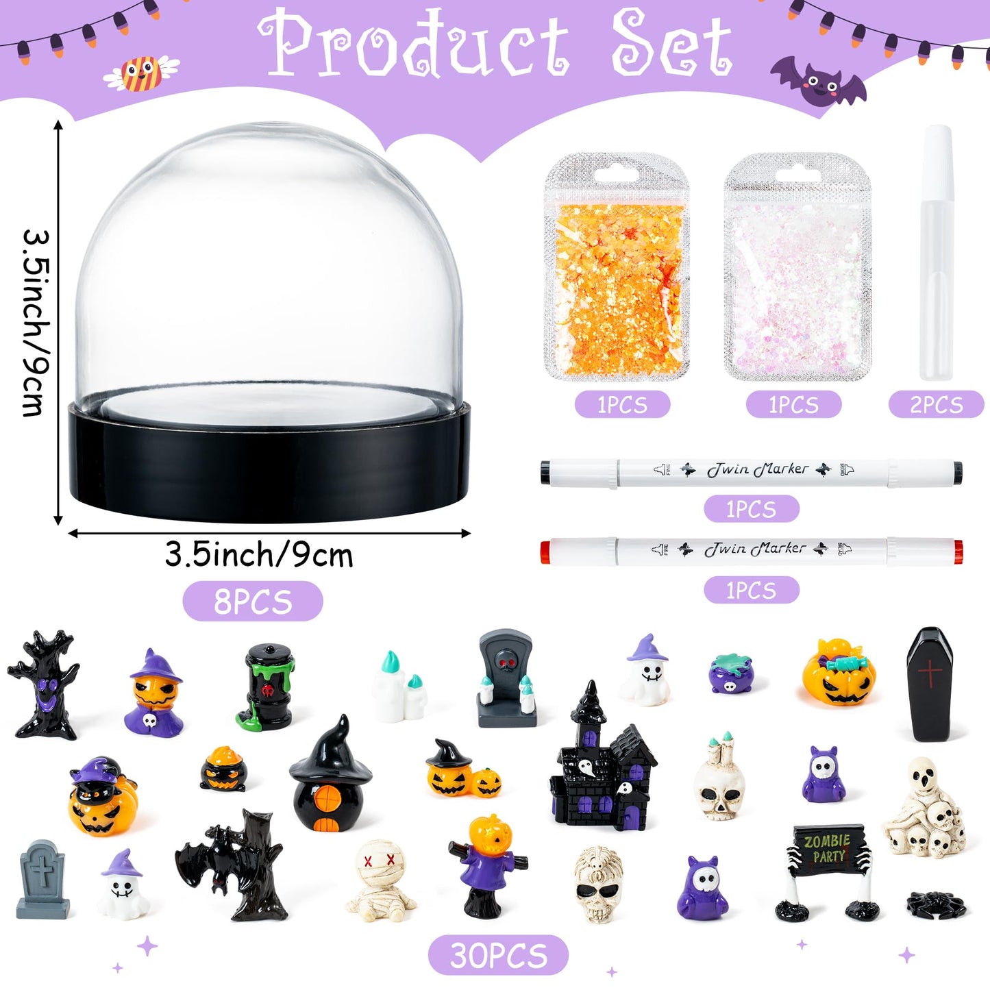 HoniedPepperino Halloween Snow Globe Craft Kit - 8 Set DIY Plastic Snow Globe Craft with Mini Resin Ghost Haunted House, Make Your Own Party Decor with Glitter for Classroom Activity Gifts (Halloween)