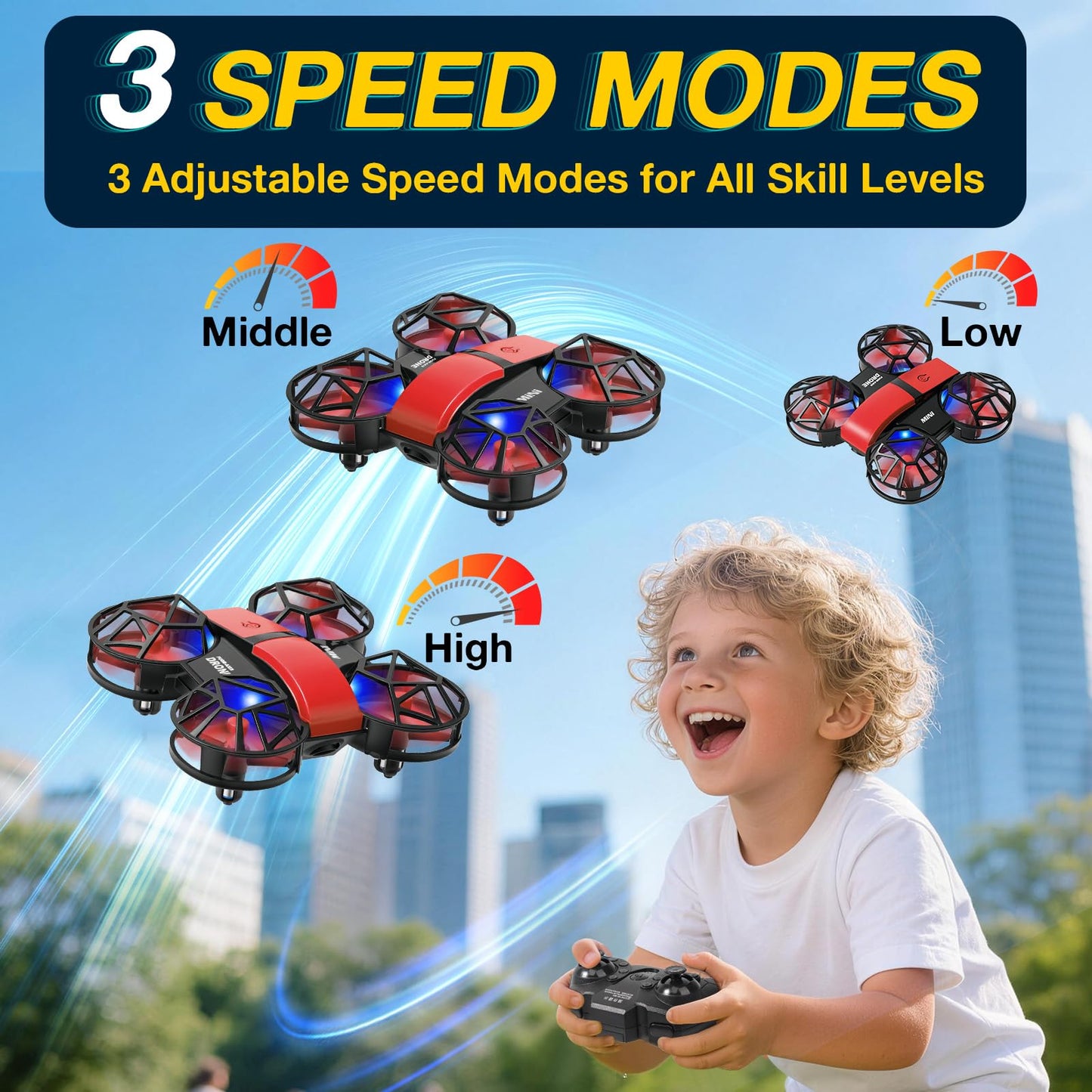 Red Mini Drone for Kids & Beginners, Indoor & Outdoor RC Quadcopter, Full Propeller Guards, LED Light, 3D Flips, One Key Start, Headless Mode, 2 Rechargeable Batteries, 21 Mins Total Flight Time, Toy Gift for Boys and Girls