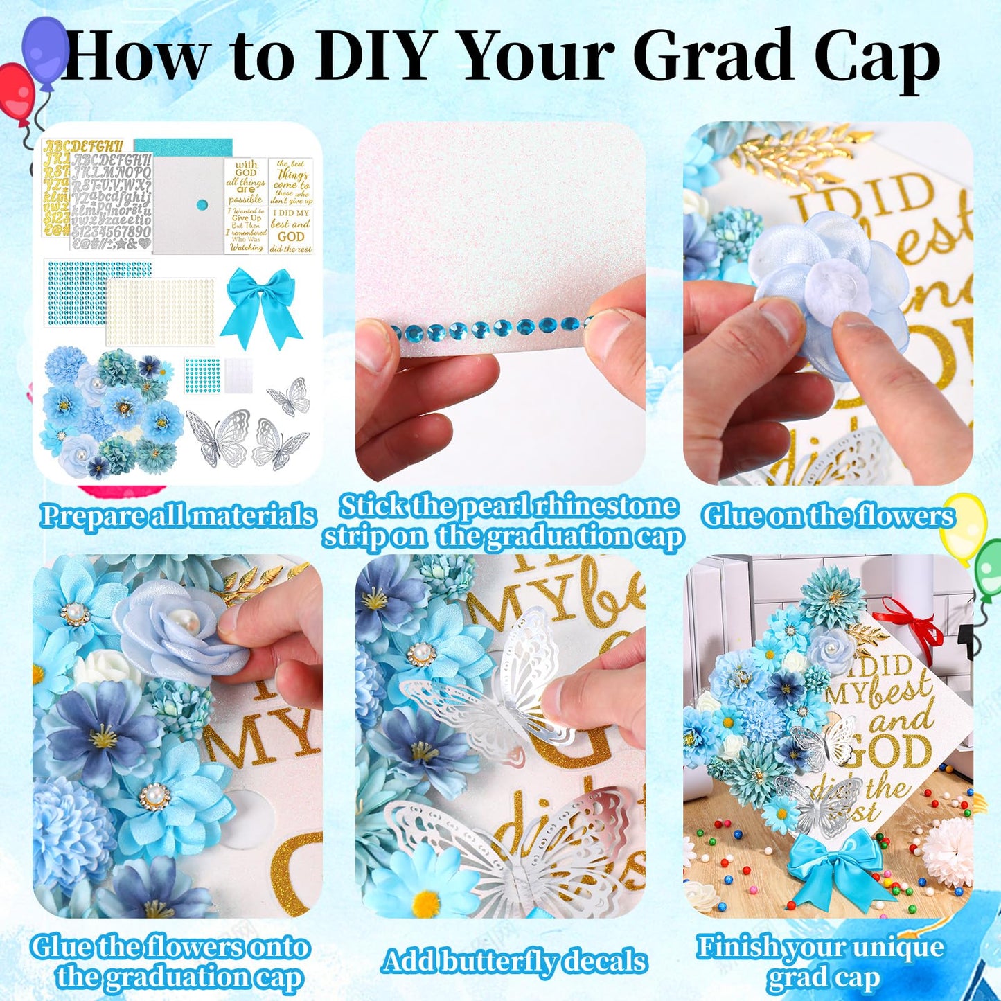 66Pcs Graduation Cap Decorations Graduation Cap Decorations kit Included Faux Flower Heads3D Butterfly Stickers for DIY Grad Cap Topper Grad Party Decor(Blue)