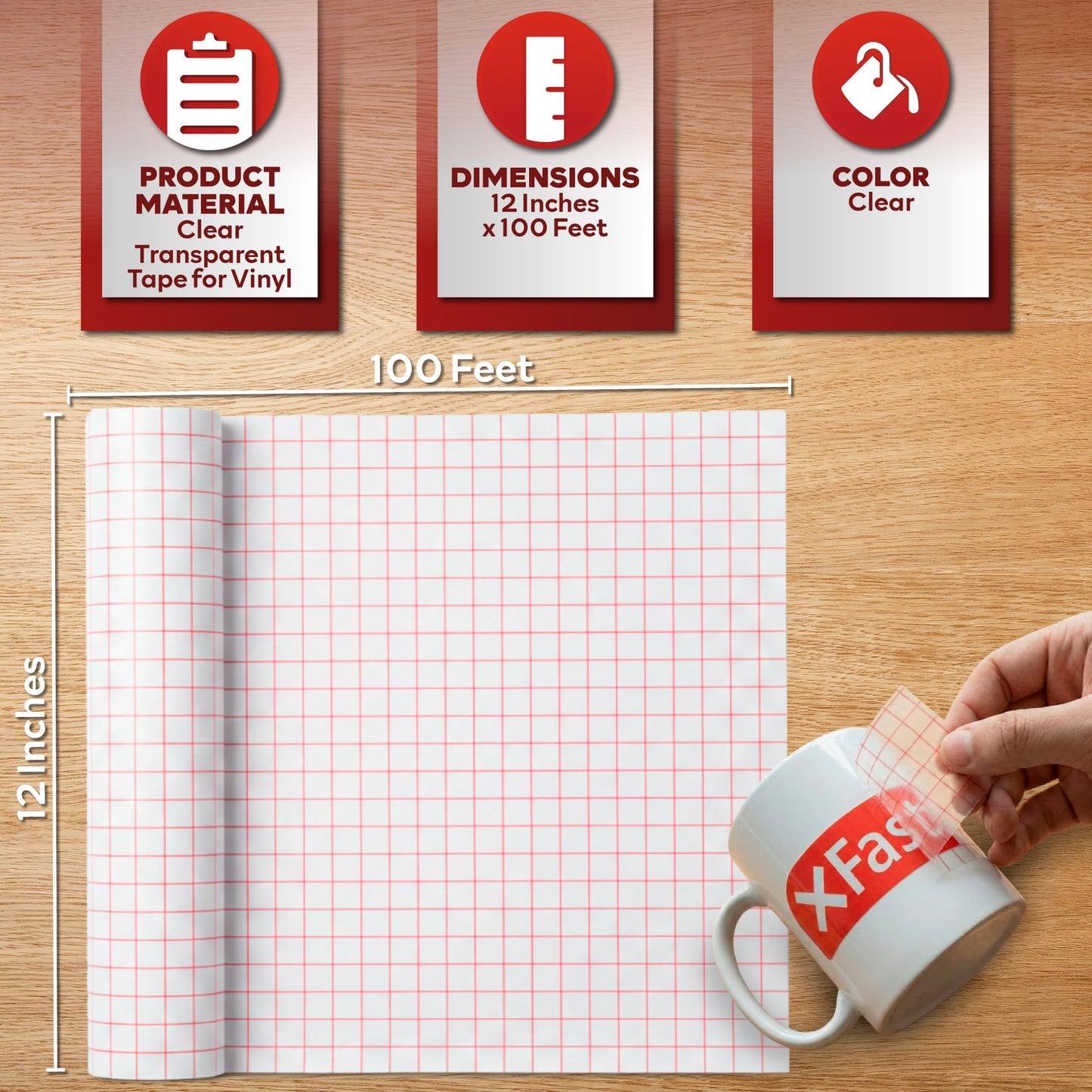 XFasten Clear Transfer Tape for Vinyl, 12" x 100' Transparent Medium-Tack Vinyl Transfer Sheet Roll, w/Red Alignment Grid – Ideal for Self-Adhesive Vinyl Sheet Signs and Sticker Decals | Easy to Weed