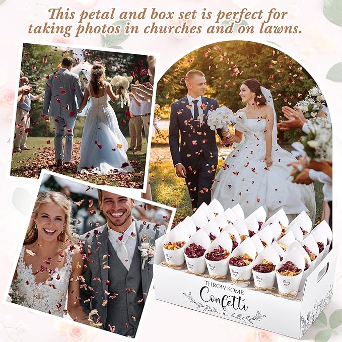 1 Sets Wedding Confetti Cones with 150g (5.29 Oz) Biodegradable Dried Flowers White Petal Confetti - 30 Paper Cones, Tray & Stickers for Wedding, Bridal Shower, Engagement Party, Baby Shower