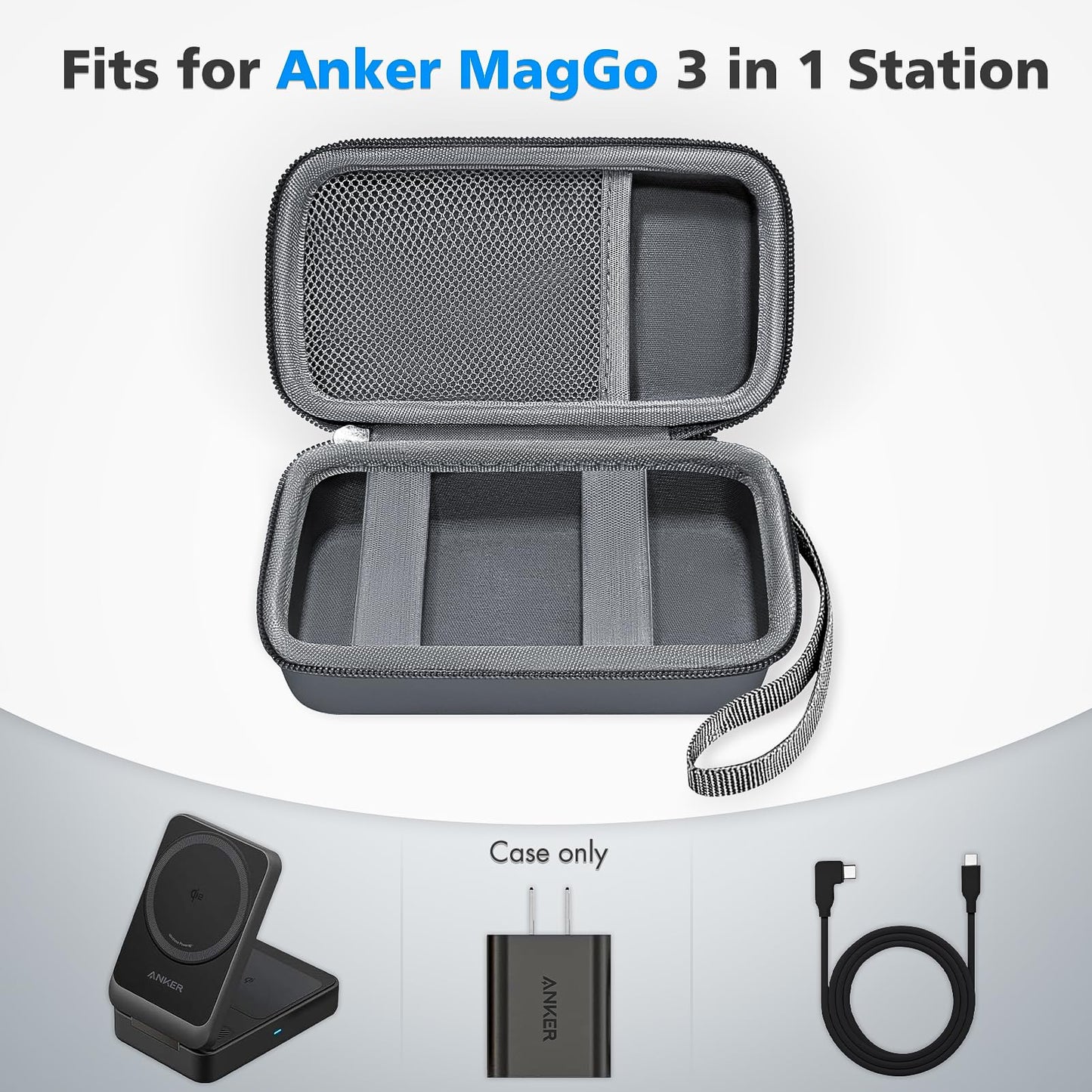Case for Anker MagGo 3-in-1 Charging Station Qi2 Certified 15W MagSafe, Foldable Magnetic Wireless Stand Holder for Apple Watch USB-C Charger Cable, Portable Travel Storage Bag for Essentials, Black