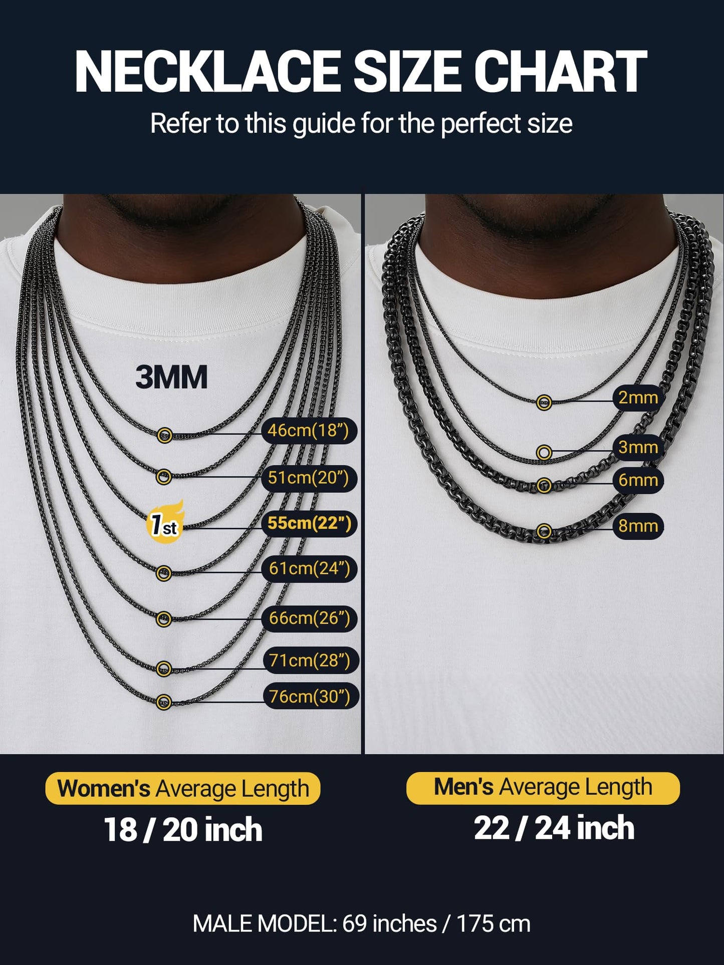 PROSTEEL Mens Chain Necklace, Squre Rolo Link Chains Black Stainless Steel Necklace 2mm Waterproof & Durable Men and Women Jewelry with Gift Box 20in