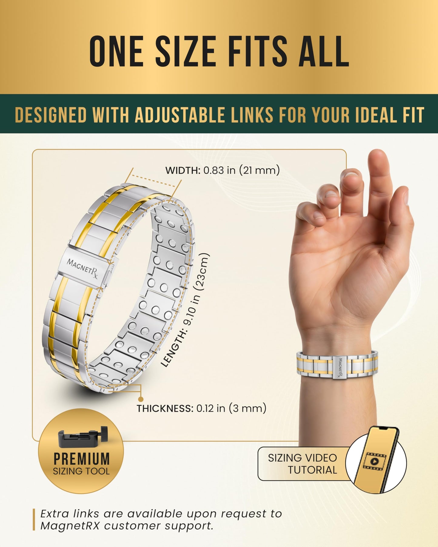 MagnetRX® 3X Strength Magnetic Bracelets for Men – Effective Magnetic Titanium Bracelet for Men – Premium Fold–over Clasp & Adjustable Length with Sizing Tool & Gift Box (Silver/Gold)