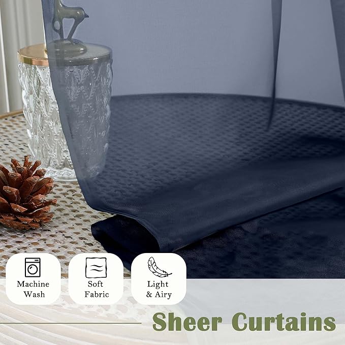 Lecloud Navy Blue Sheer Curtains 90 Inches Long 2 Pcs, Soft Airy Light Filtering Home Decor Living Room Curtains for Bedroom, Rod Pockets Window Treatments Solid Drapes, Each Panel 59" W x 90" L