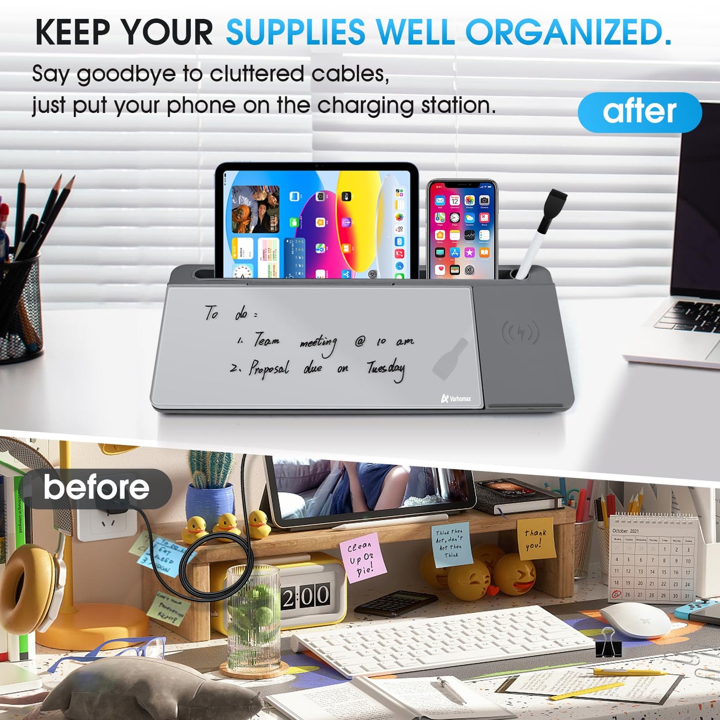 Varhomax Glass Desk Whiteboard with Wireless Charger, Desktop Dry Erase White Board with Storage, to Do List Memo Notepad for Home and Office (Gray)