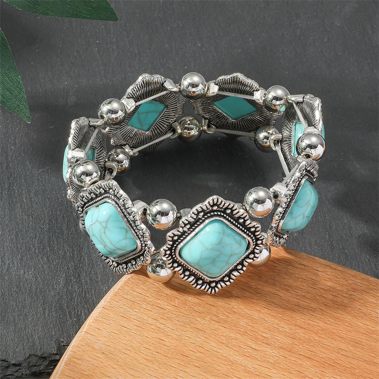 QLYOVWE Turquoise Stone Silver Overlay Link Bracelet for Women Bohemia Gemstone Adjustable Link Bracelets Handmade Link Bracelets Christmas Summer Beach Bracelets Jewelry (Blue)