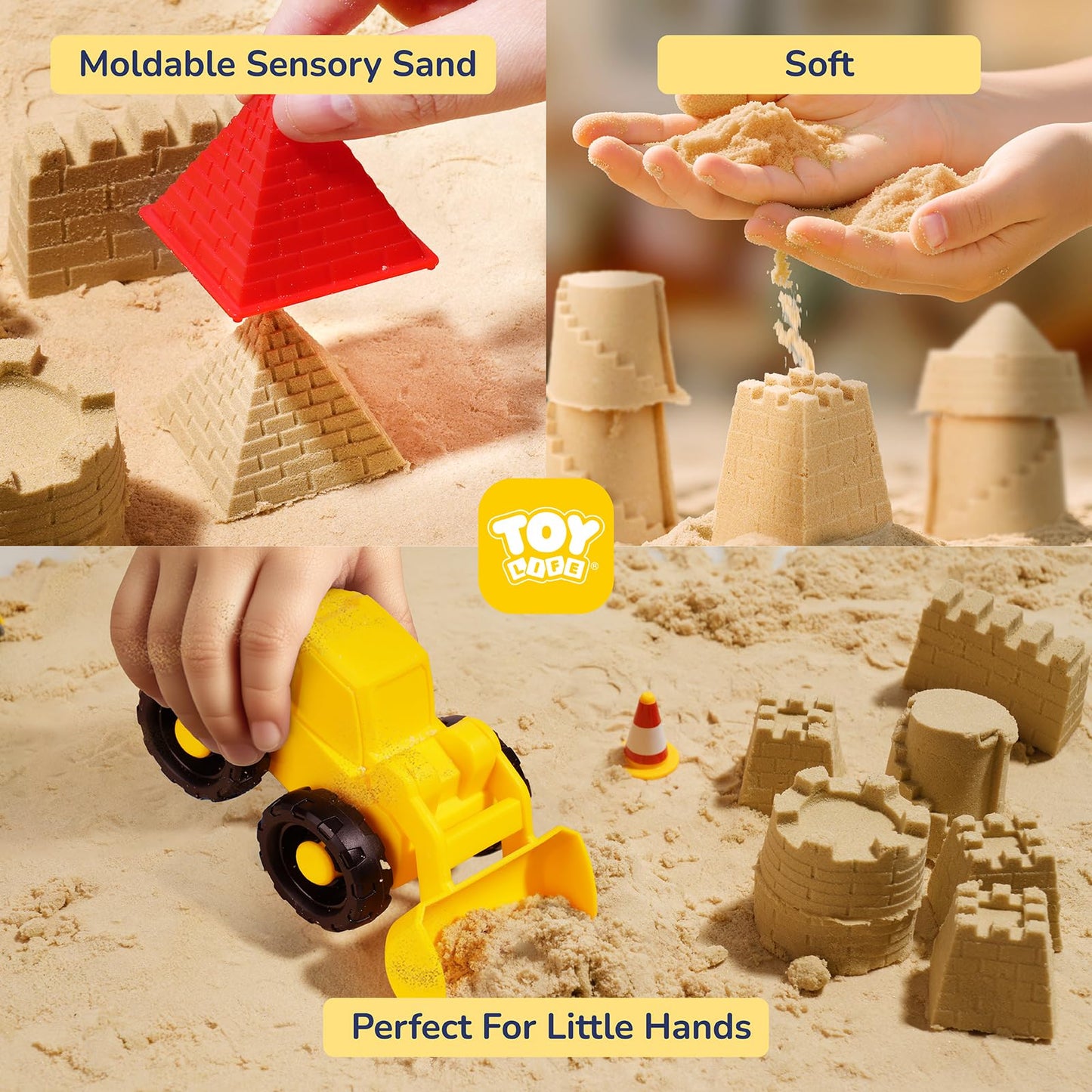 TOY Life 38 Pcs Sand Construction Kit with Big Foldable Sandbox with 2.2Ibs Magic Sand, Trucks, Castle Molds & Beach-Side Mat – Indoor Sandbox Toy Construction Sensory Bins for Toddlers