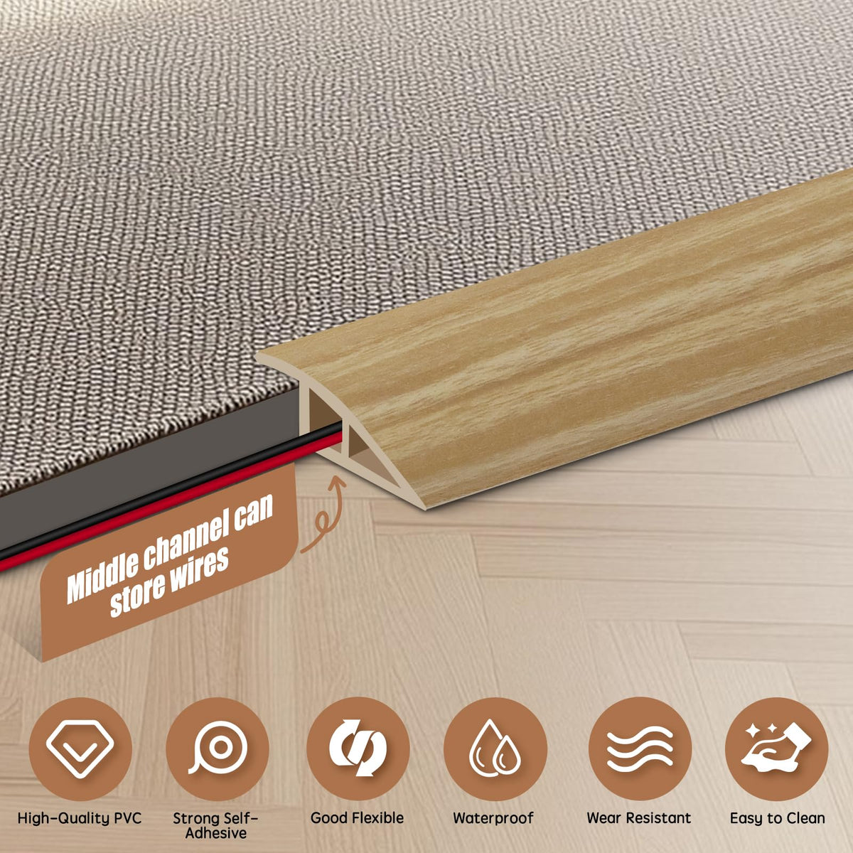 Floor Transition Strip Door Threshold 39" Floor Transition Reducer Trim on The Edges Threshold Strip Self Adhesive Suitable for Doorways