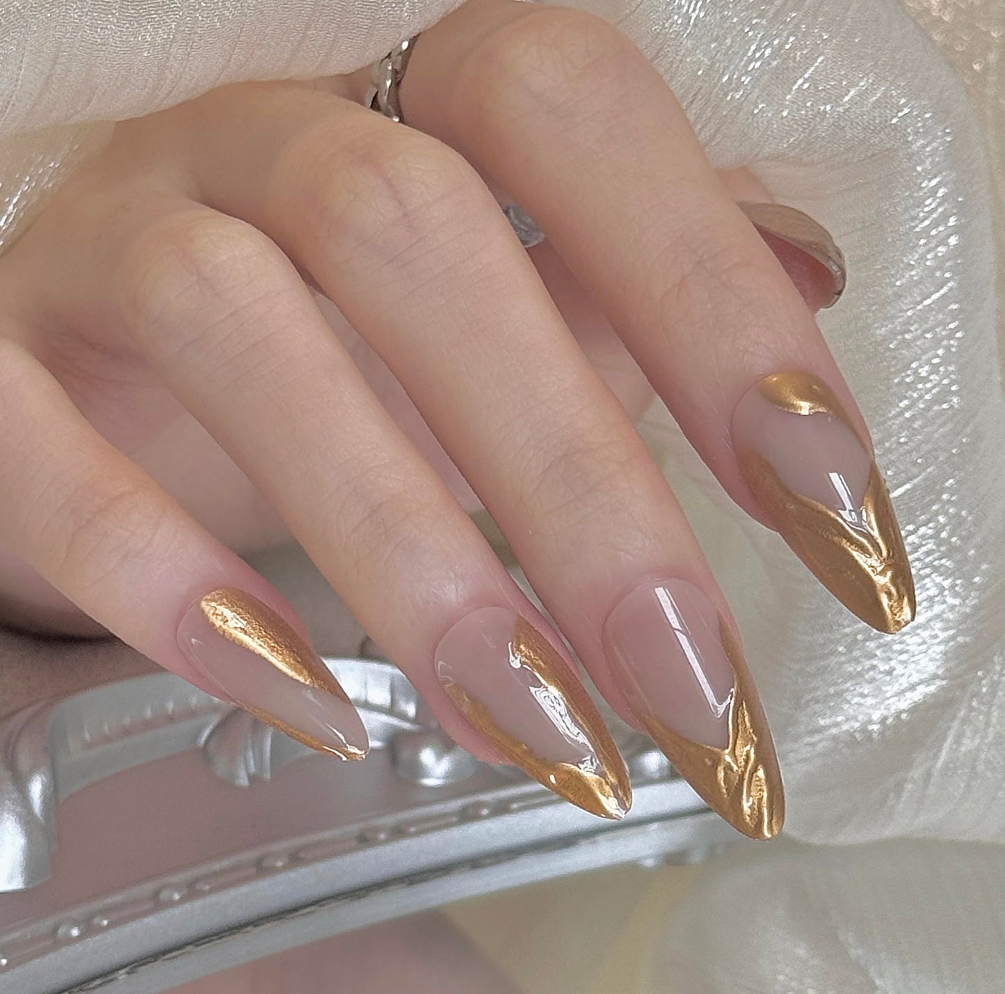 24 Pcs Almond Press on Nails Medium Gold Nails Press on 3D Stiletto Artificial Nails with Gold Swirl Design Stick on Nails Soft Gel Nail Tips for Young Girls