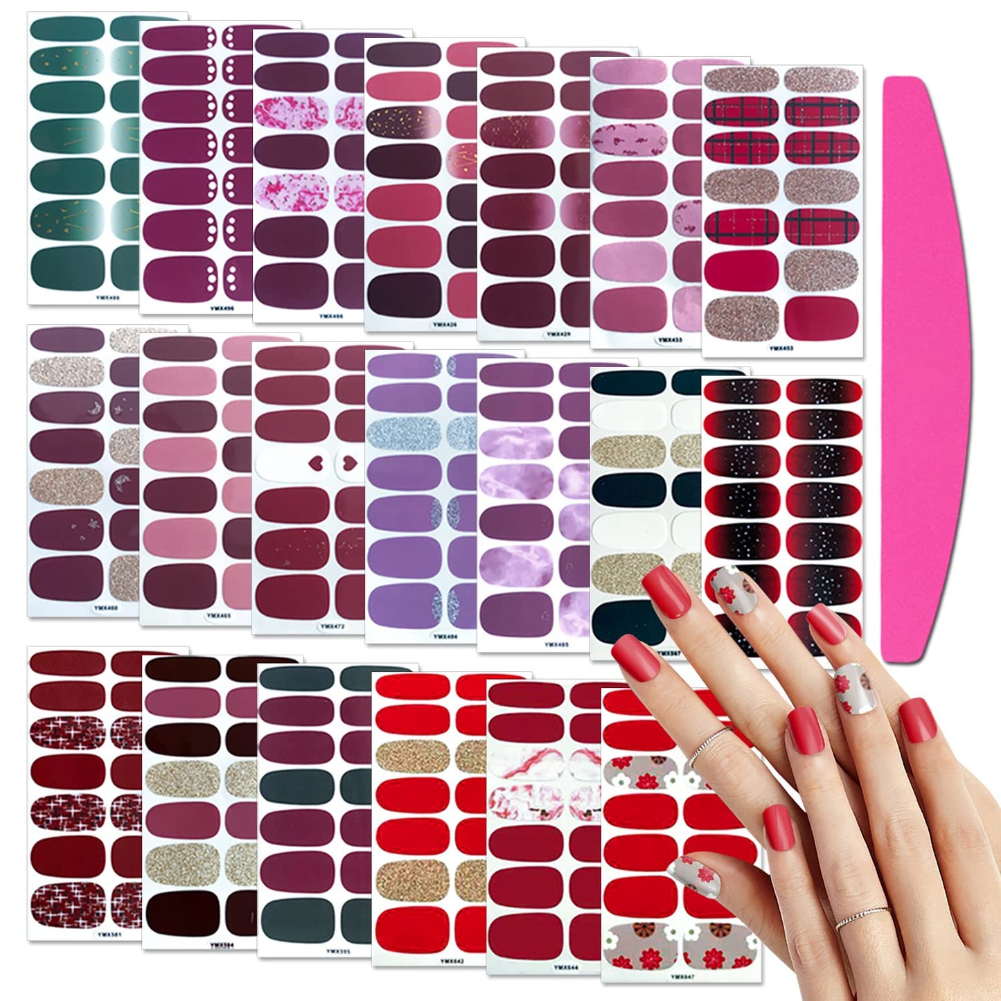 SILPECWEE 20 Sheets Red Nail Polish Strips for Women Self Adhesive Nail Polish Stickers Full Nail Wraps Gel Nail Strips Sticker Nails Manicure Design with 1pc File