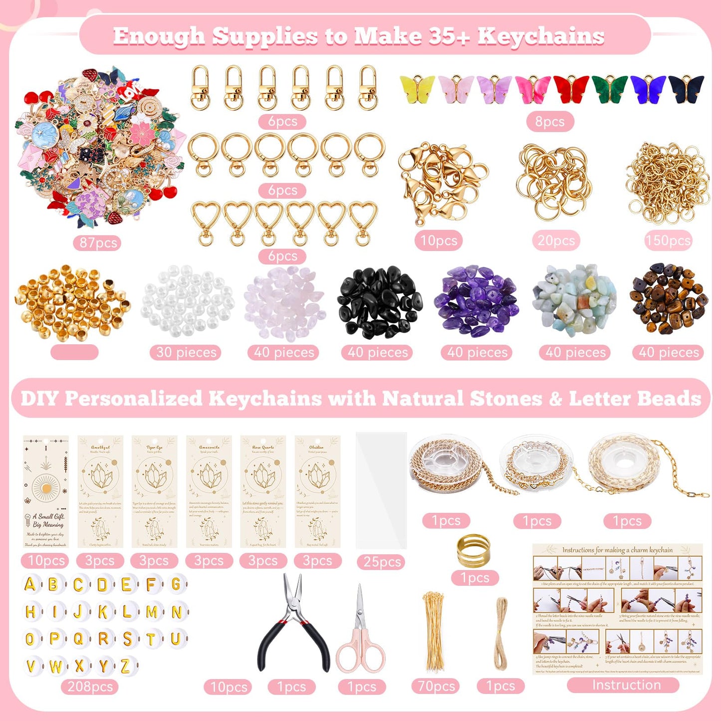 TOHONGADON 907 Pcs Lip Gloss Charms, Keychain Making Kit, Bag Charm Kit with 5 Kinds of Crystal Stones, 343 Charms, 24 Keychain Clips, Key Ring Jewelry Plier, Extender Chain for DIY Crafting