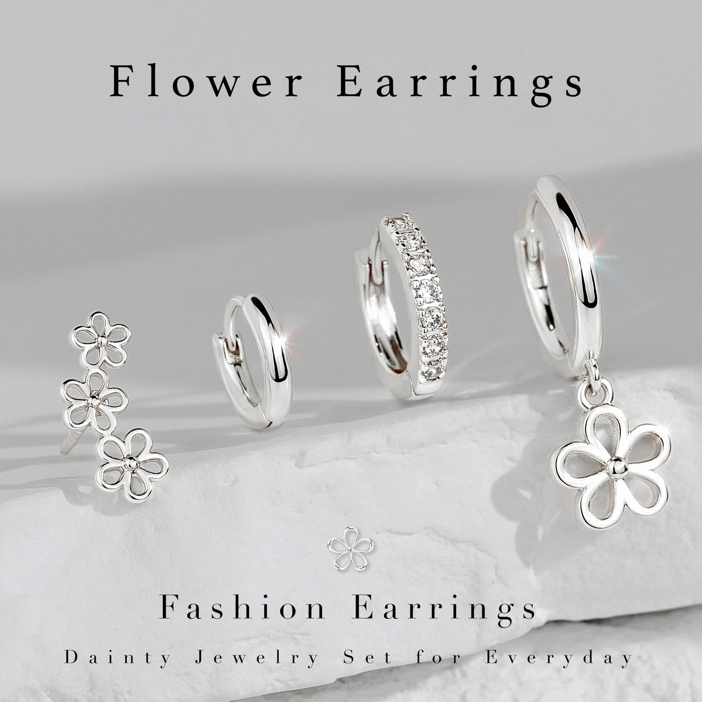 Flower Earrings for Women,Huggie Small Stack Cartilage Stud Hoop Silver Earring Sets for Multiple Double Piercing, Conch Helix Rook Tragus Daith Piercing Silver Clip On Jewelry Set Gifts