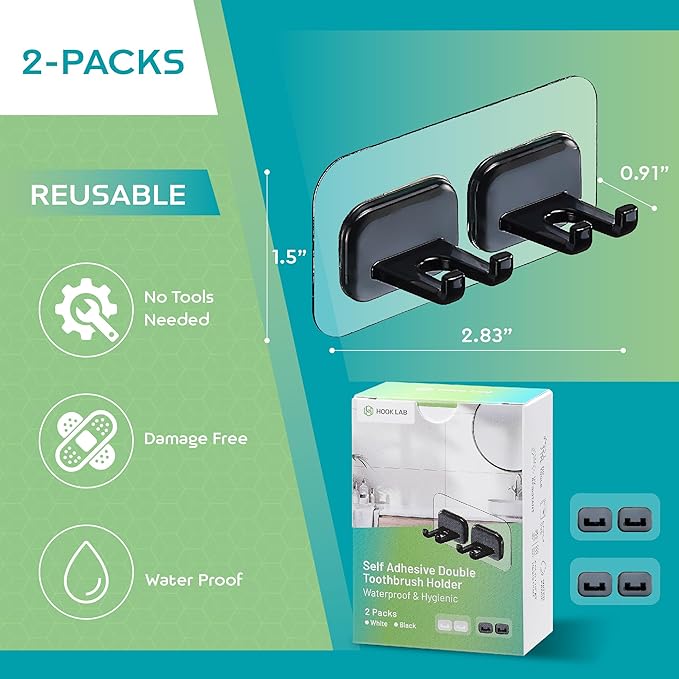 Hook LAB Self-Adhesive Double Toothbrush Holder, 2-Pack, Removable & Reusable Wall-Mounted Storage Organizer, for Bathroom & Kitchen Accessories - Black