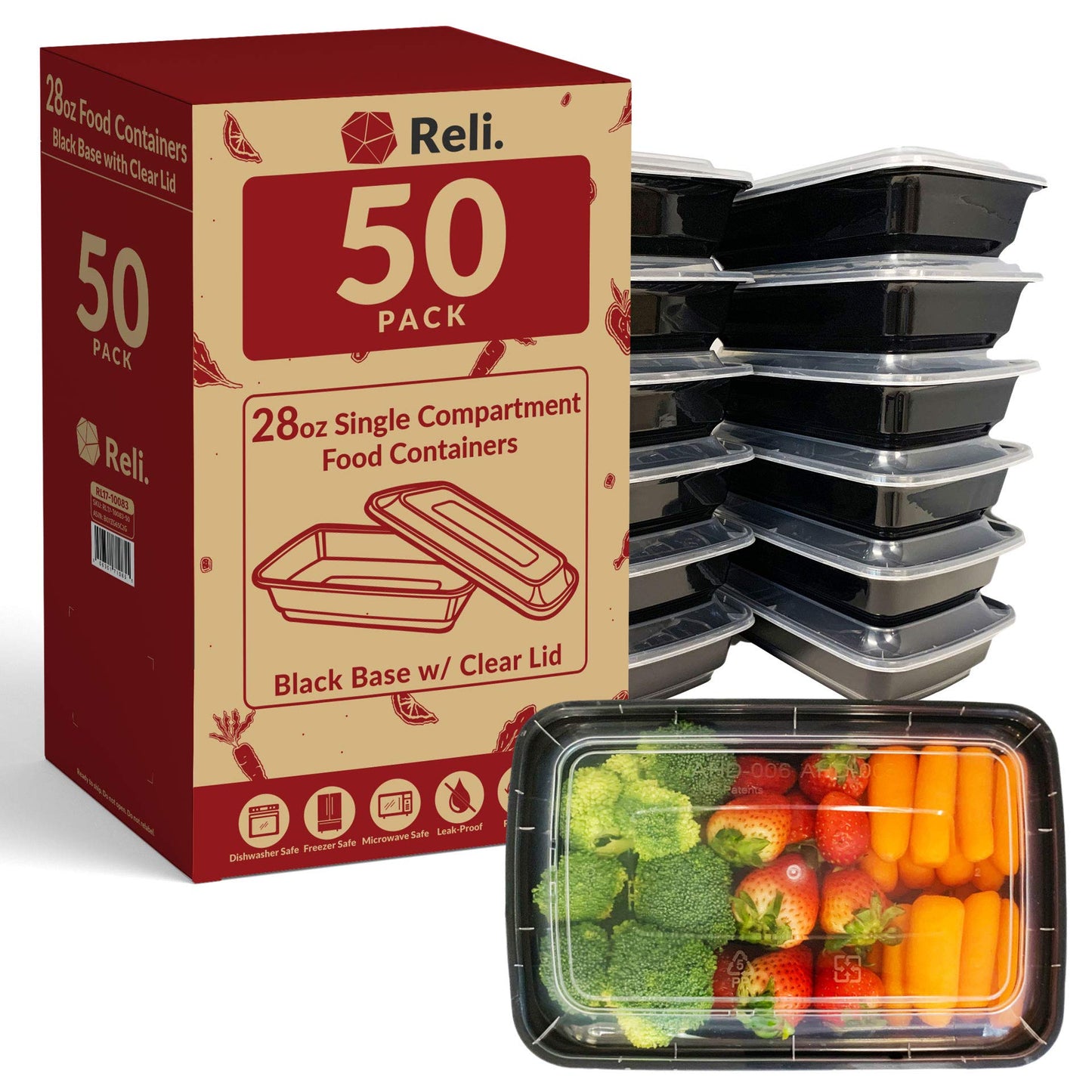 Reli. 28 oz Meal Prep Containers w/Lids - 50 Pack | Leftover To Go, Takeout | Microwave Safe | Disposable Containers for Food Storage | Take Home/Lunch/Meal Planning | Plastic | Black