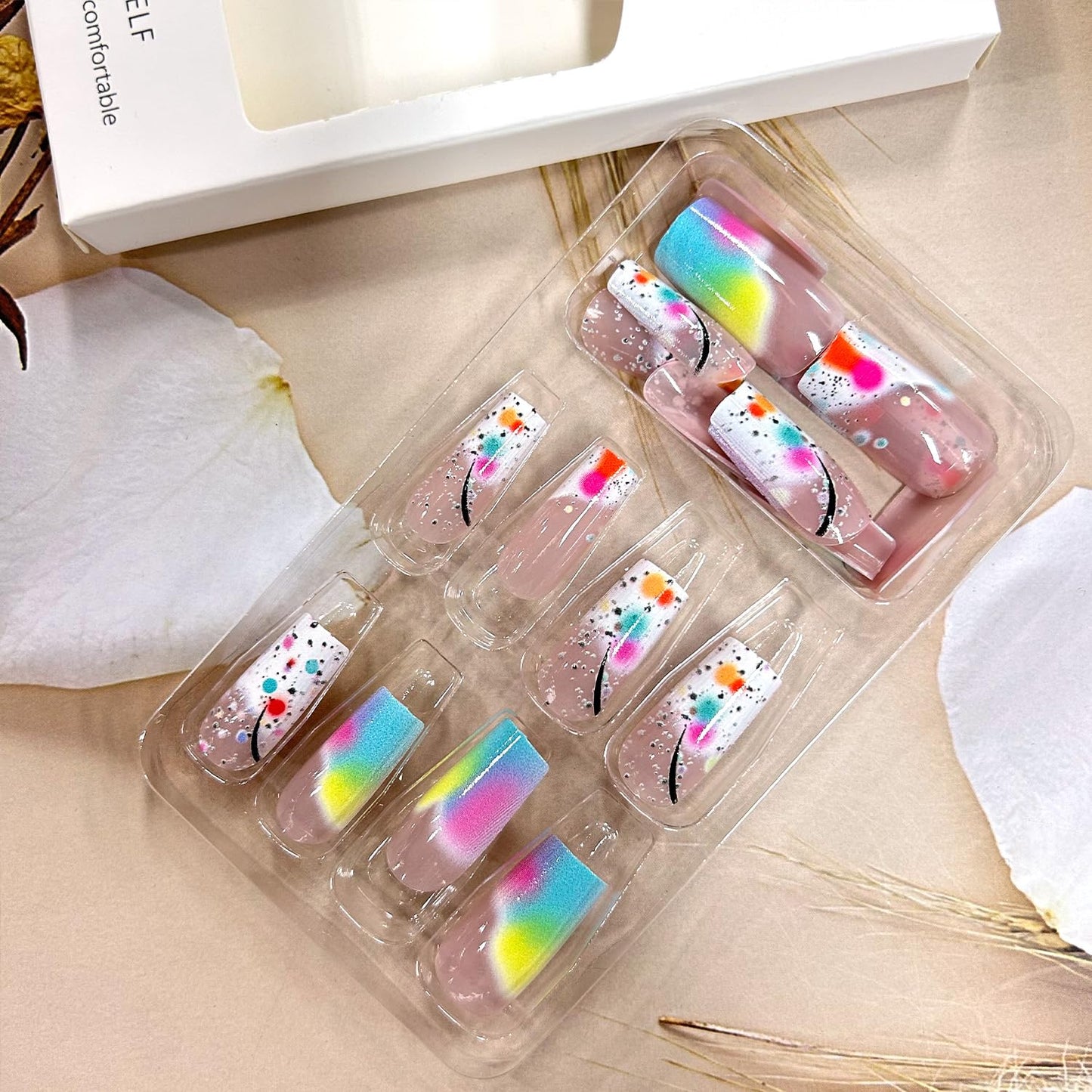 TBRZTR Press on Nails Medium Length Square False Nails Colorful Gradient Acrylic Nails Full Cover Artificial Coffin Nails Press Nails with Design Acrylic Smudge Nails 24Pcs Glue on Nails for Women