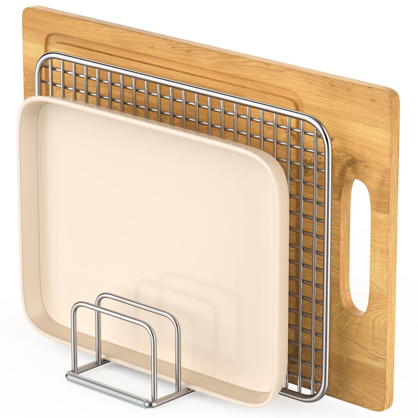 PLUVON Cutting Board Organizer-1.0in Wide Kitchen Cutting Board Holder Stand for Baking Sheets,Cookie Sheets with 4 Slots,304 Stainless Steel Baking Sheet Oragnizer(1.0 Inch Width Slots)