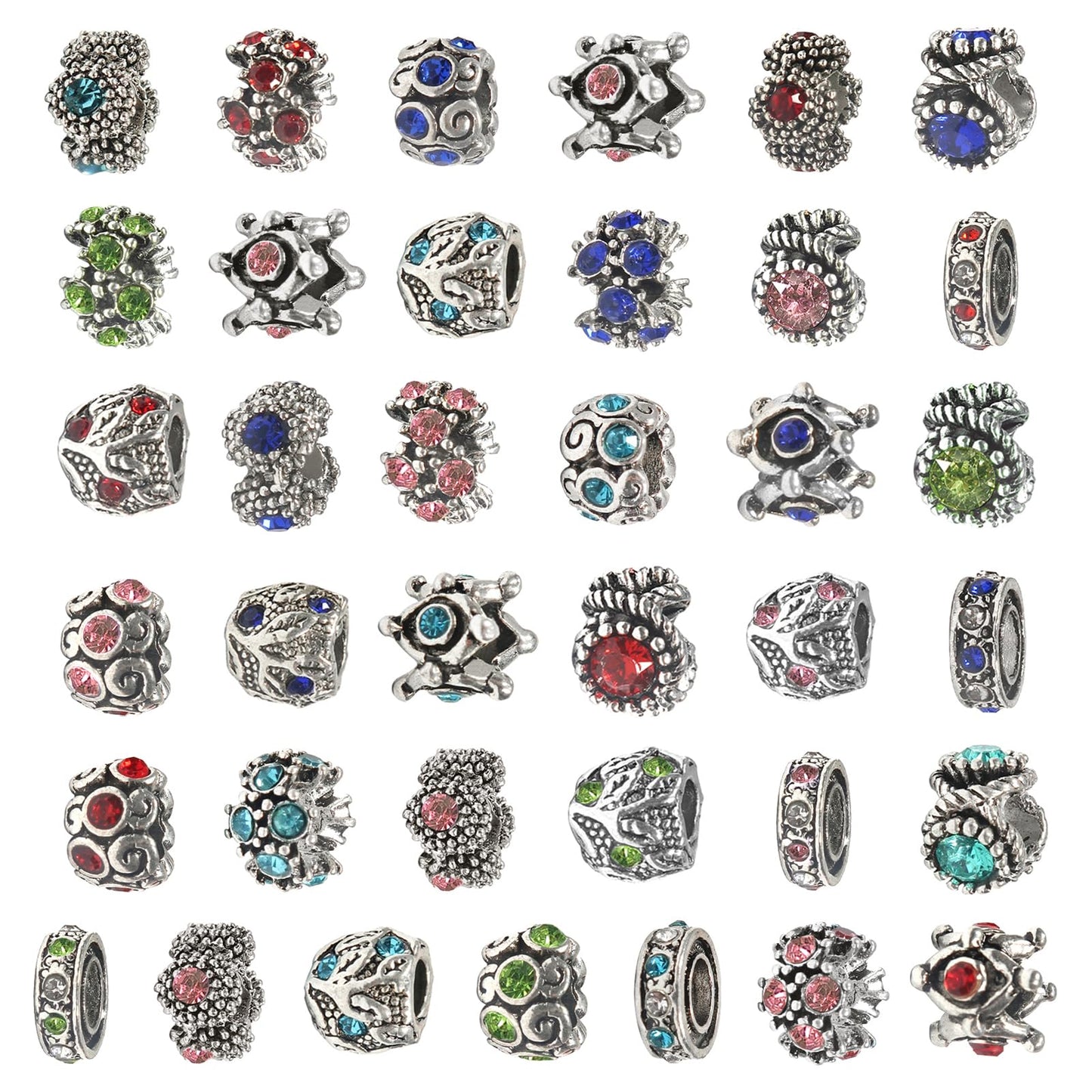 TOAOB 60pcs Assorted European Beads Large Hole Spacer Beads Antique Silver Rhinestone Charms Supplies for Bracelet Necklace Jewelry Making